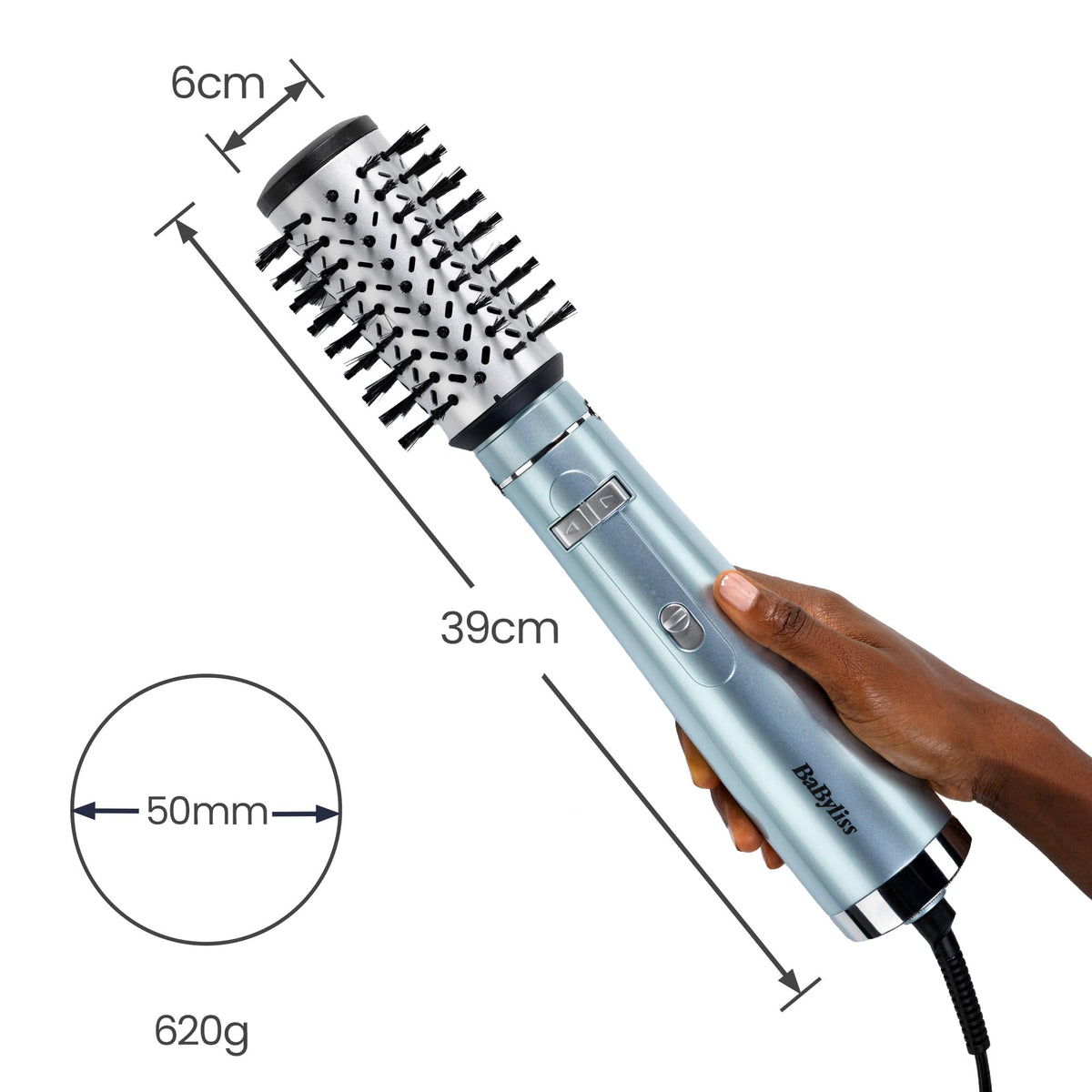BaByliss Hydro Fusion rotating hot air brush with anti-frizz technology provides moisture and shine, hair dryer brush with ion technology, 1 attachment for volume and fullness, ice blue, AS773E