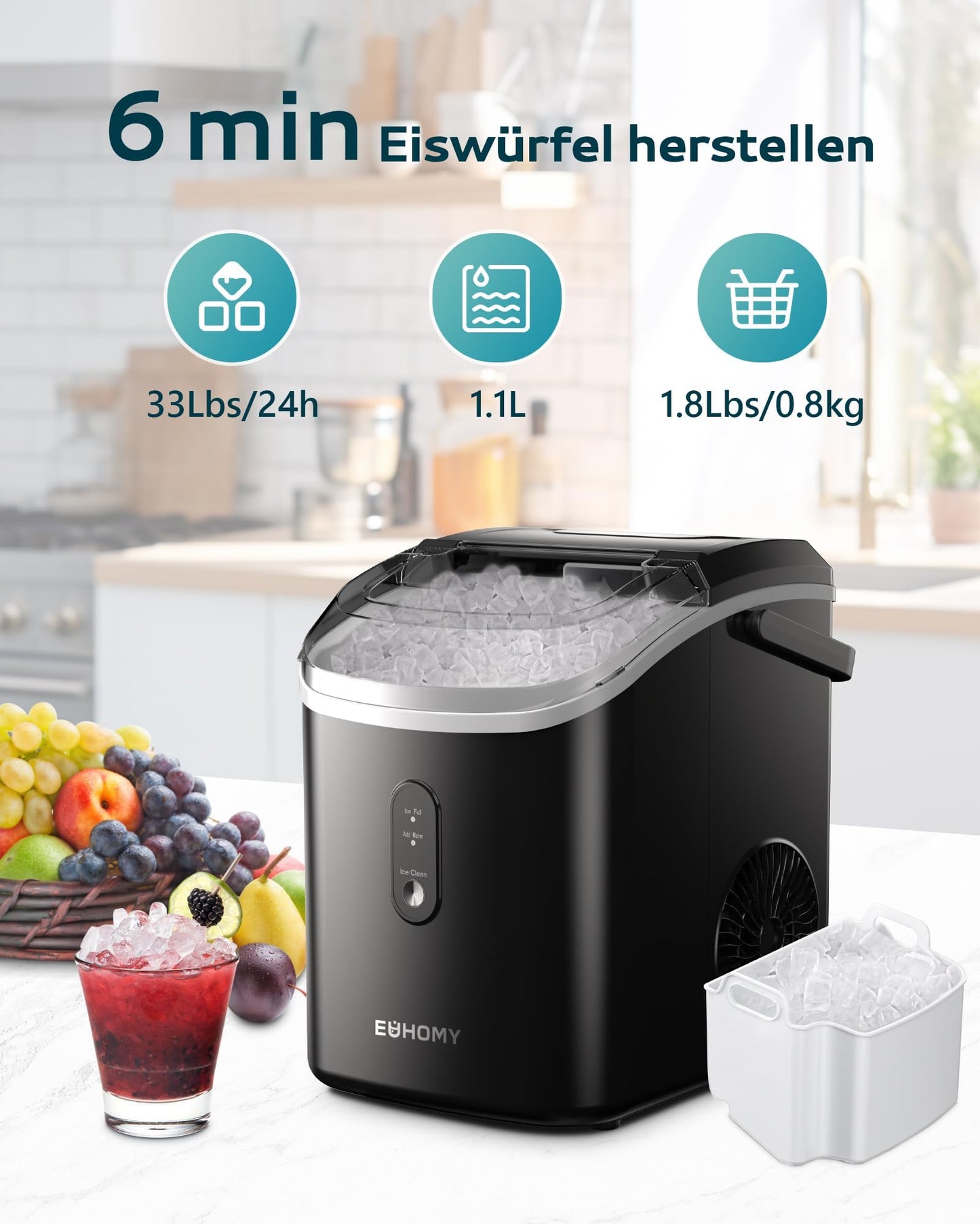 EUHOMY Ice Cube Machine, 15kg/24h, Production in 6 Minutes, Crushed Ice Maker, Nuggets Ice, Automatic Cleaning, 120W Table Ice Cube Machine, Infrared Sensor, Energy Efficient, Black - B0CSYGQPW2