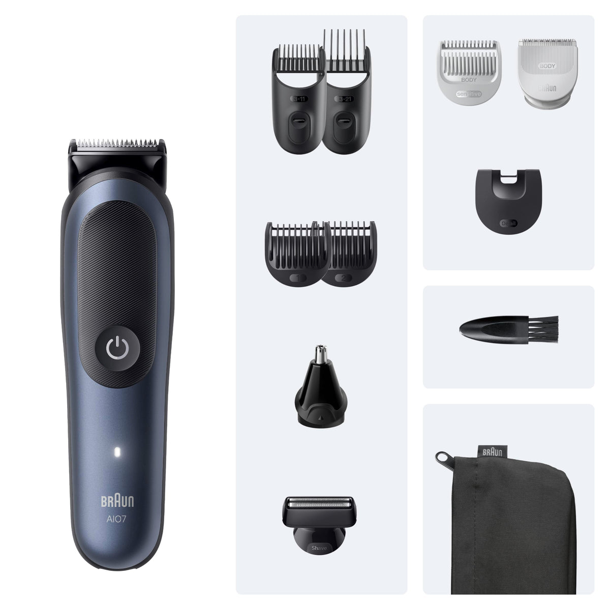Set de îngrijire Braun Multigroom All-in-One Series 7, trimmer 11 în 1, AIO7540, albastru