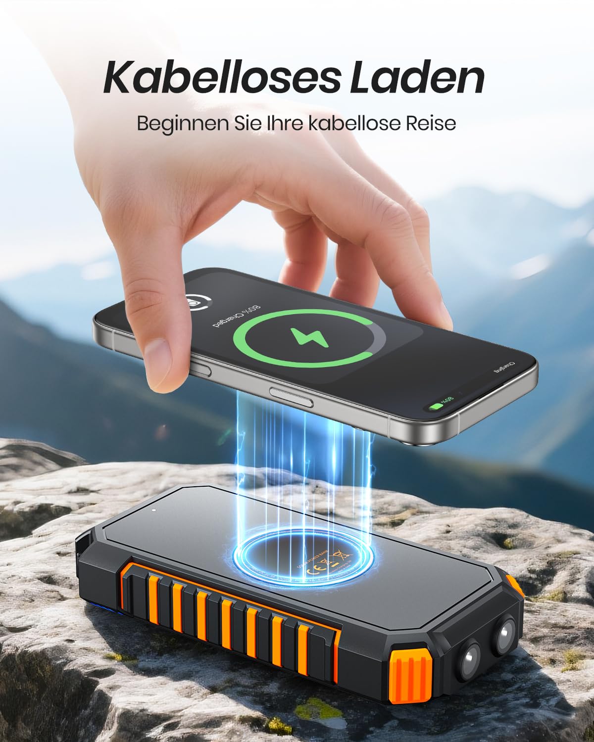 A ADDTOP Solar Power Bank - 20000mAh wireless power bank with USB C - 3.0A quick charging function Portable charger for smartphones tablets - 2 flashlights for camping and outdoors - T11W