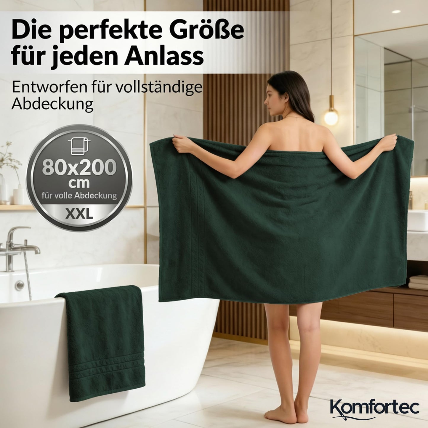 Komfortec 2 sauna towel set 80x200 cm, large sauna towels made of 100% cotton, sauna towels, fluffy and absorbent, quick-drying, dark green - 2er-80x200-dunkelgrun
