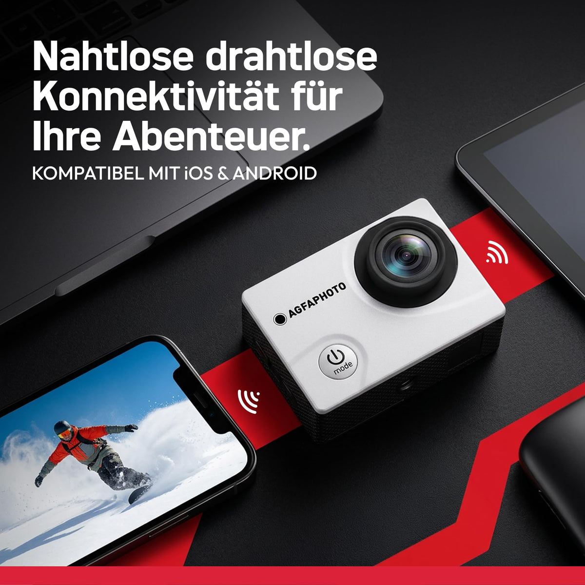 AgfaPhoto - Cameră sport - AC5000 - True 720P 30FPS, unghi larg de 110°, carcasă impermeabilă până la 30m - WiFi - 12 accesorii incluse