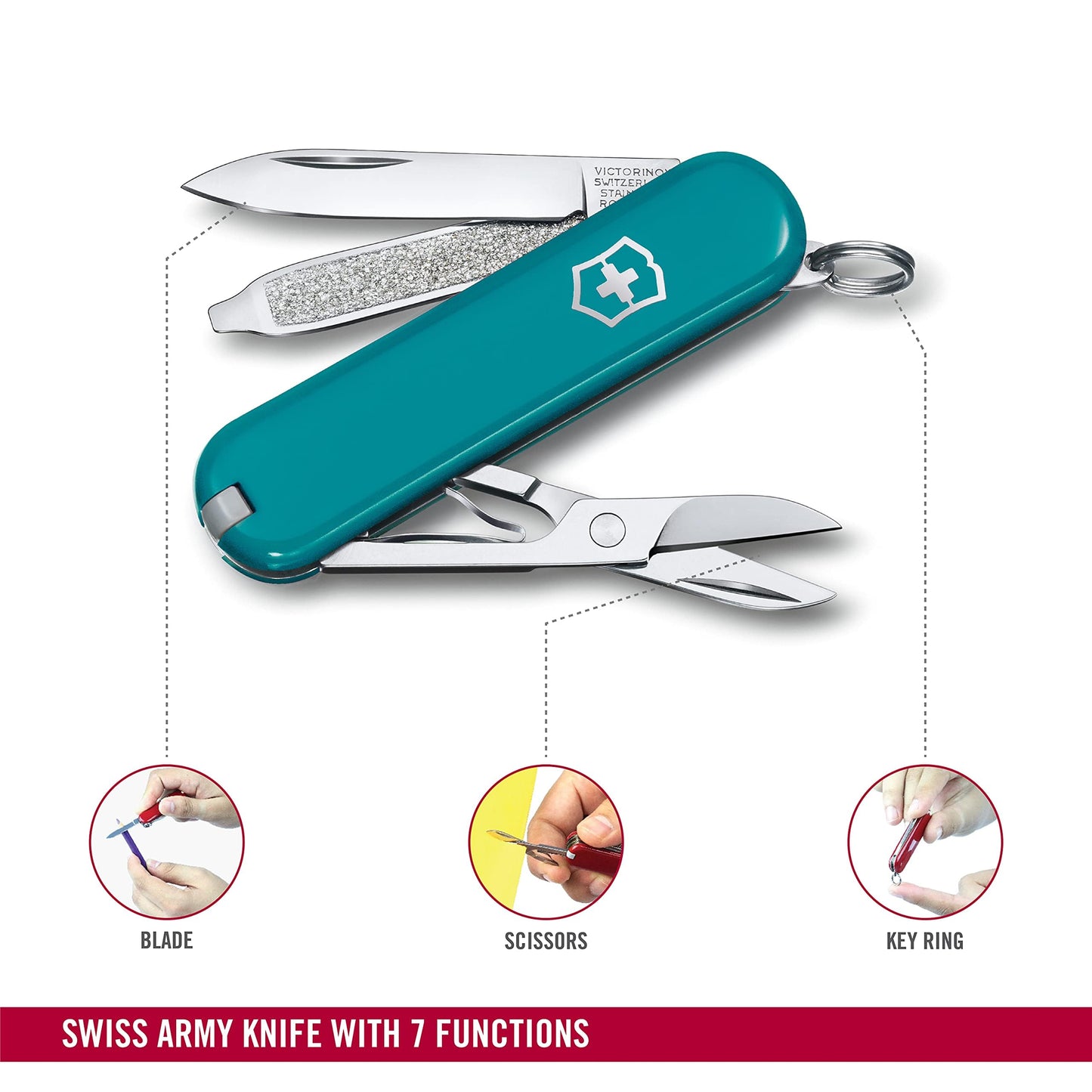 Victorinox Swiss Army Knife, Small, Classic SD, Multitool, Swiss Army Knife, Gift, 7 Functions, Blade, Nail File, Turquoise - 0.6223.23