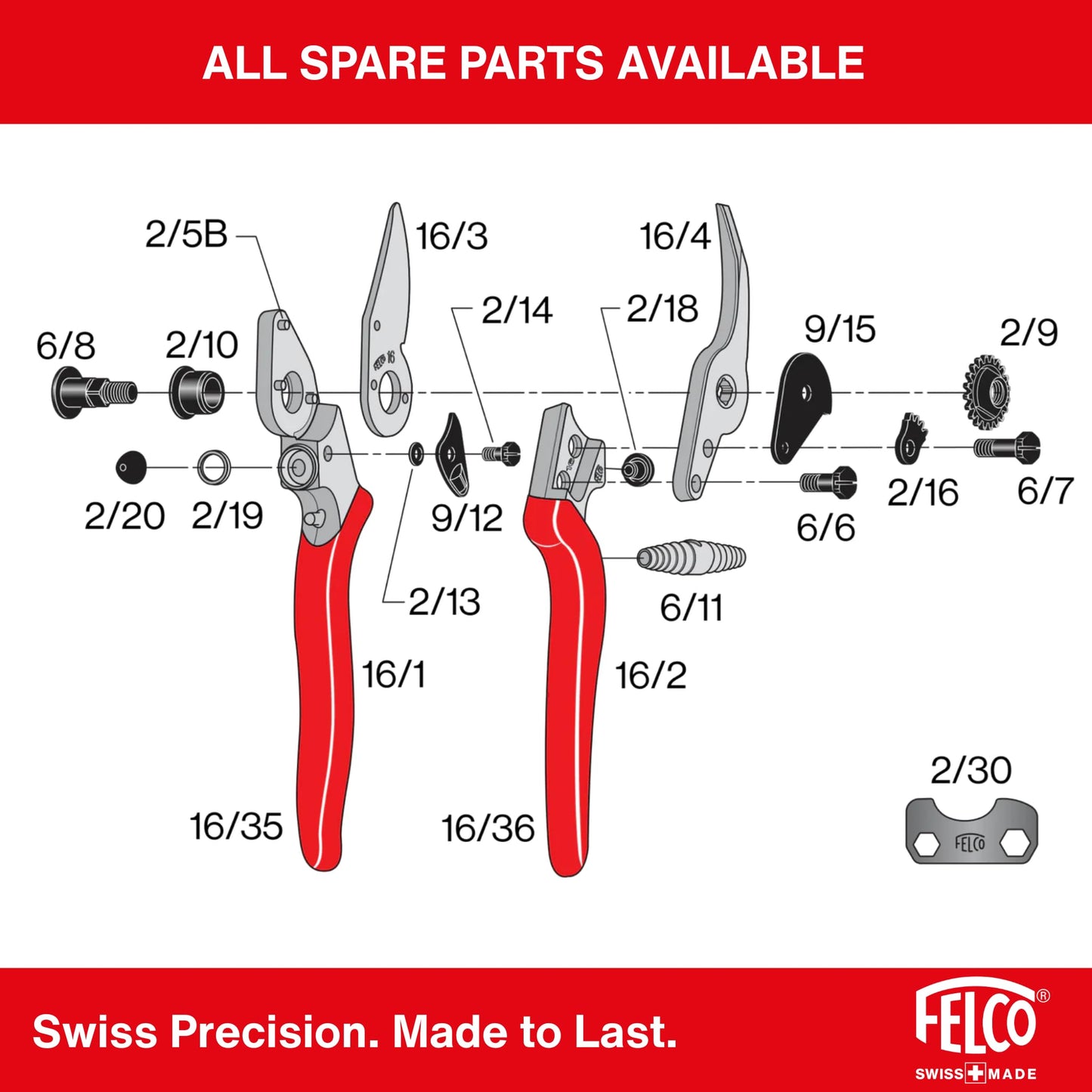 FELCO 16 bypass secateurs for left-handed medium-sized hands, 42 mm hardened steel blade, forged aluminum handles, cut up to 20 mm, ergonomic, Swiss Made
