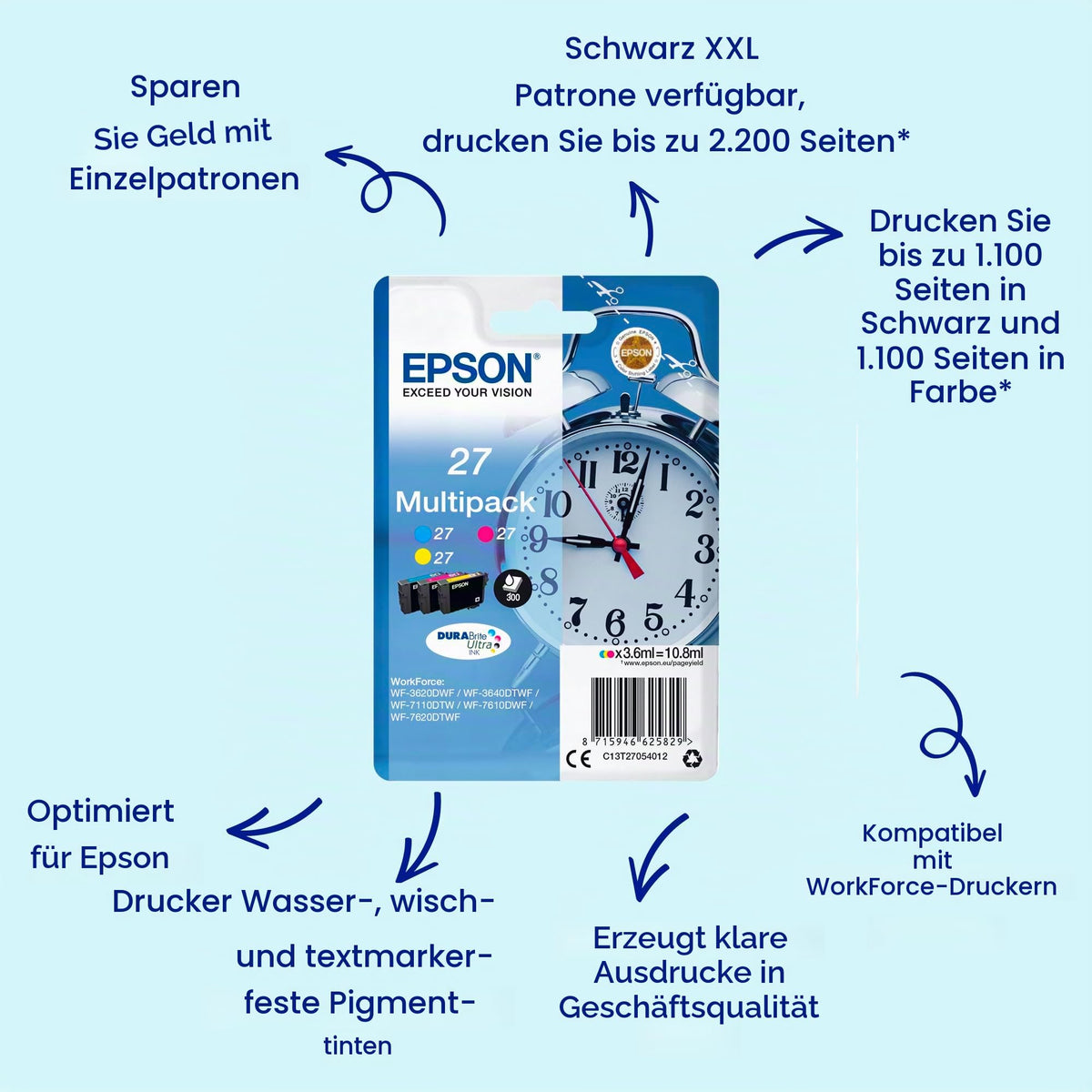 Epson Original 27 Ink Wake-Up (WF-3620DWF, WF-3640DTWF, WF-7110DTW, WF-7210DTW, WF-7610DWF, WF-7620DTWF, WF-7710DWF, WF-7715DWF, WF-7720DTWF), Multipack 3-color - C13T27054012