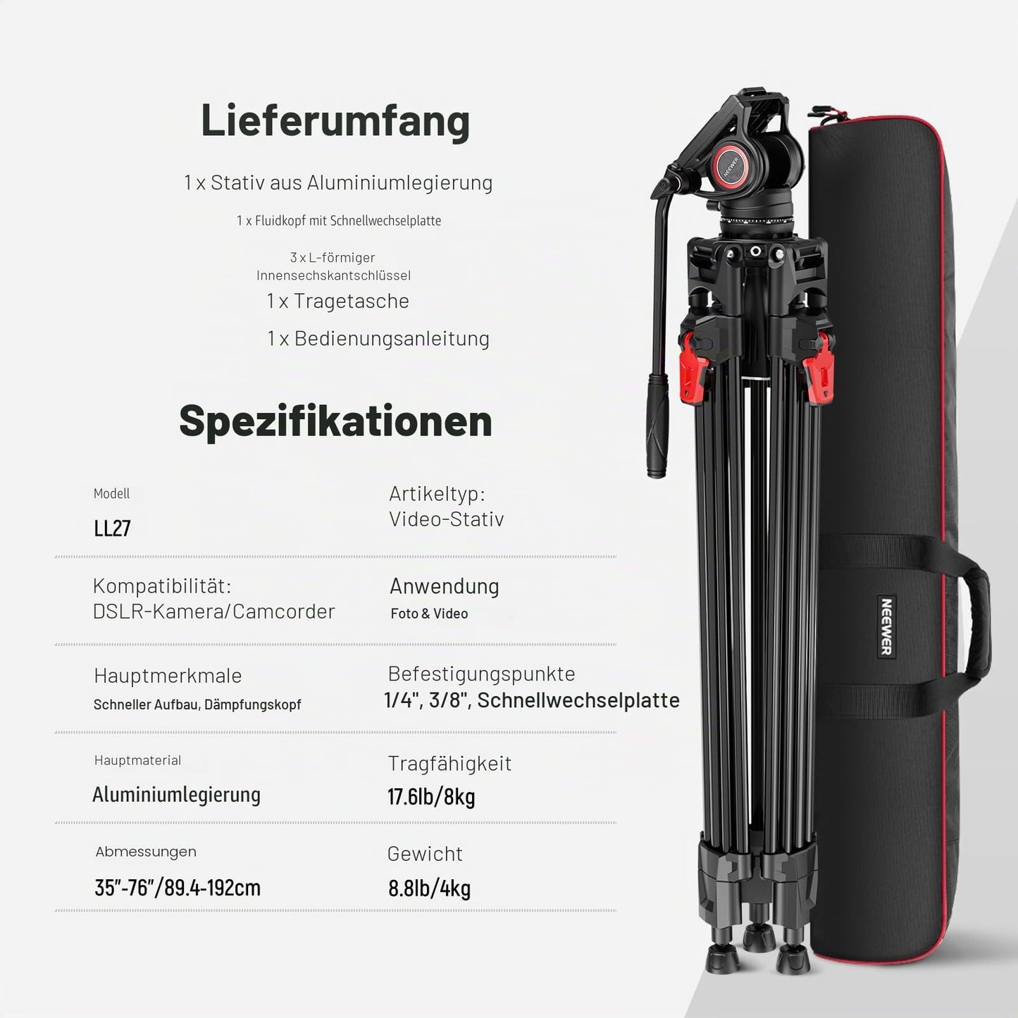 NEEWER 76" Video Camera Tripod with Fluid Head, Aluminum Heavy Duty Tripod Stand, Dual Mode QR Plate for DSLR Cameras Camcorders, Max Load 17.6lb, LL27