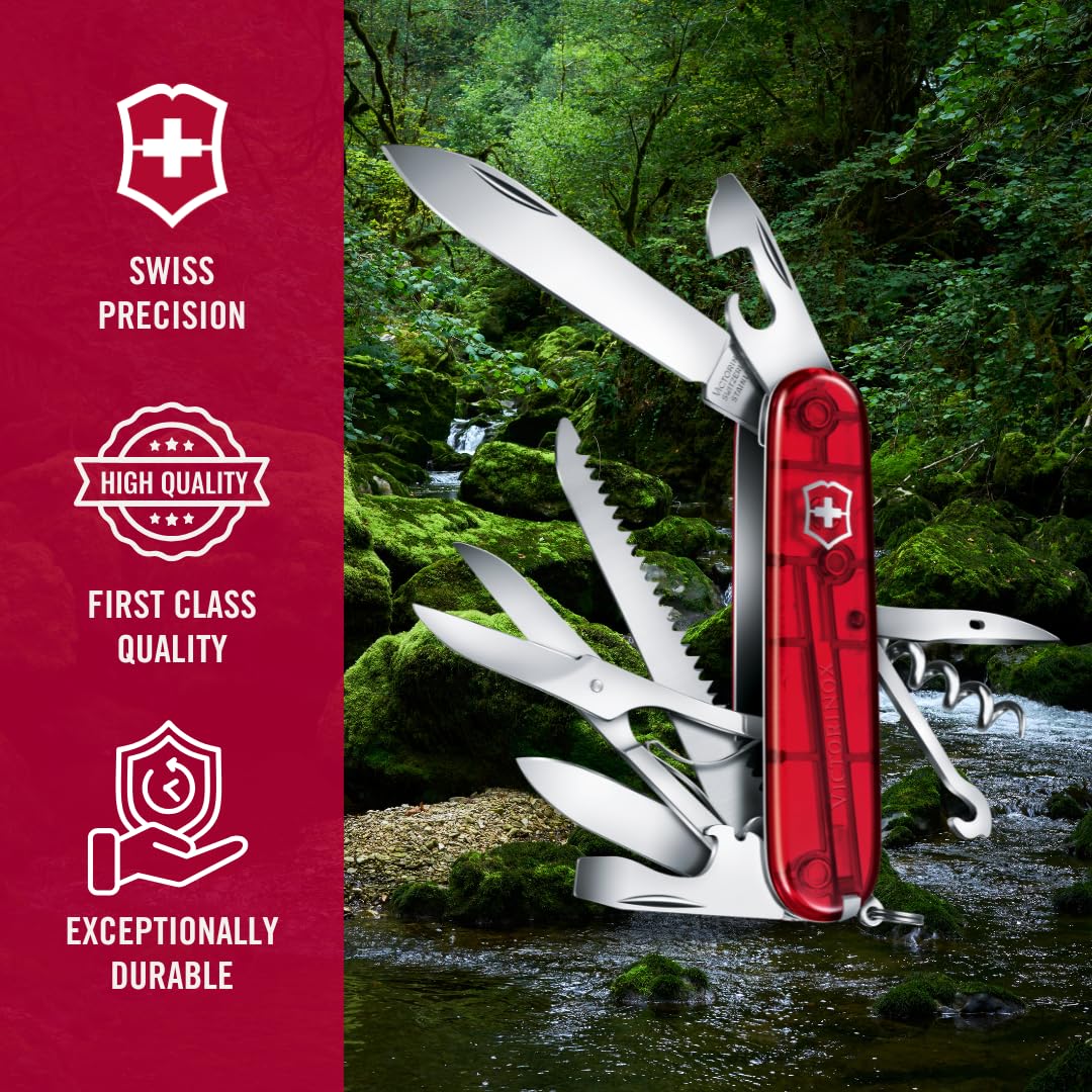 Victorinox Swiss Army Knife Huntsman, Multitool, Swiss Army Knife with 15 functions, blade, corkscrew, can opener, folding box, red transparent - 1.3713.T