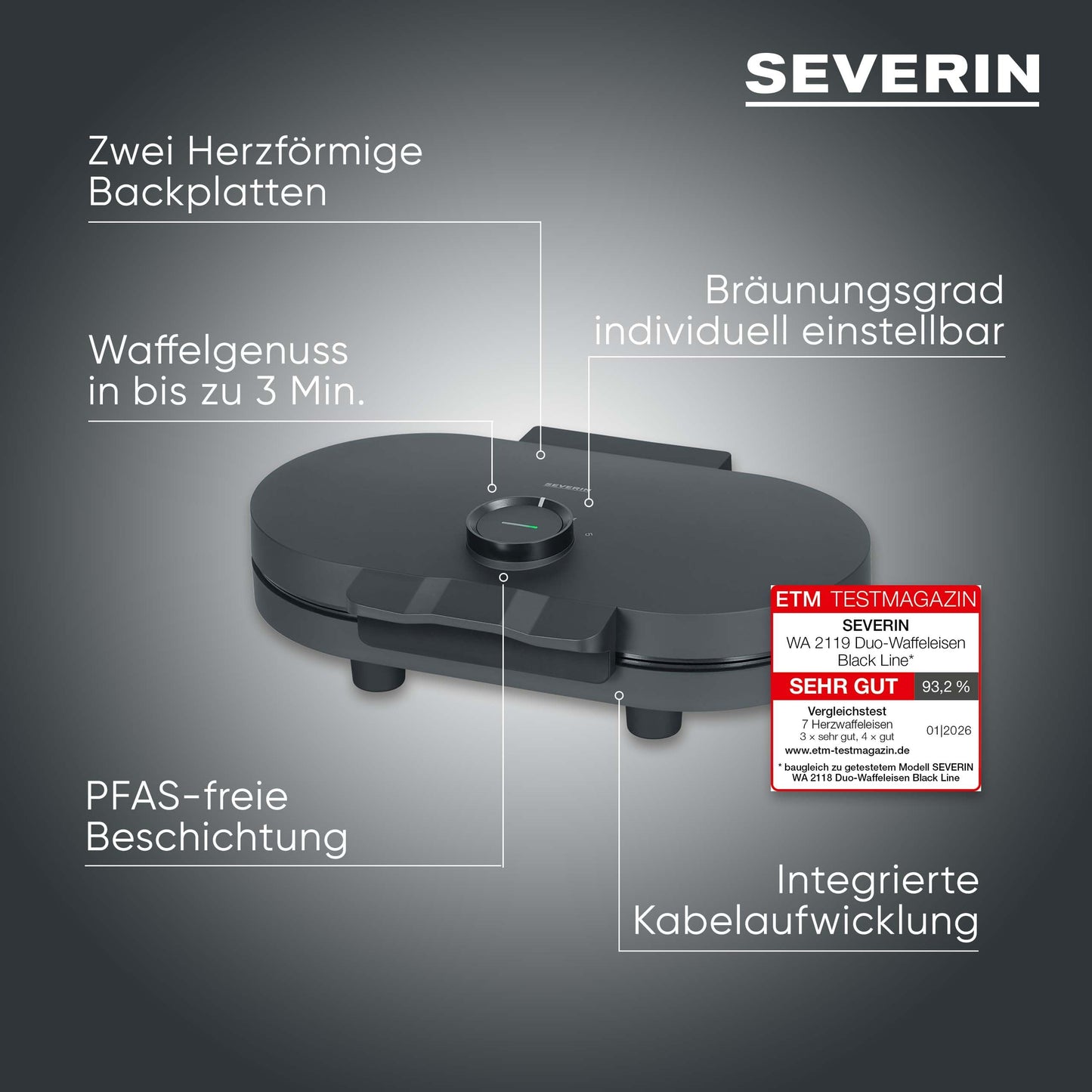 SEVERIN Duo waffle iron Black Line, double waffle iron for heart waffles, PFAS-free coating, with indicator light, practical cable winder, 1,200 watts, matt black, WA 2119