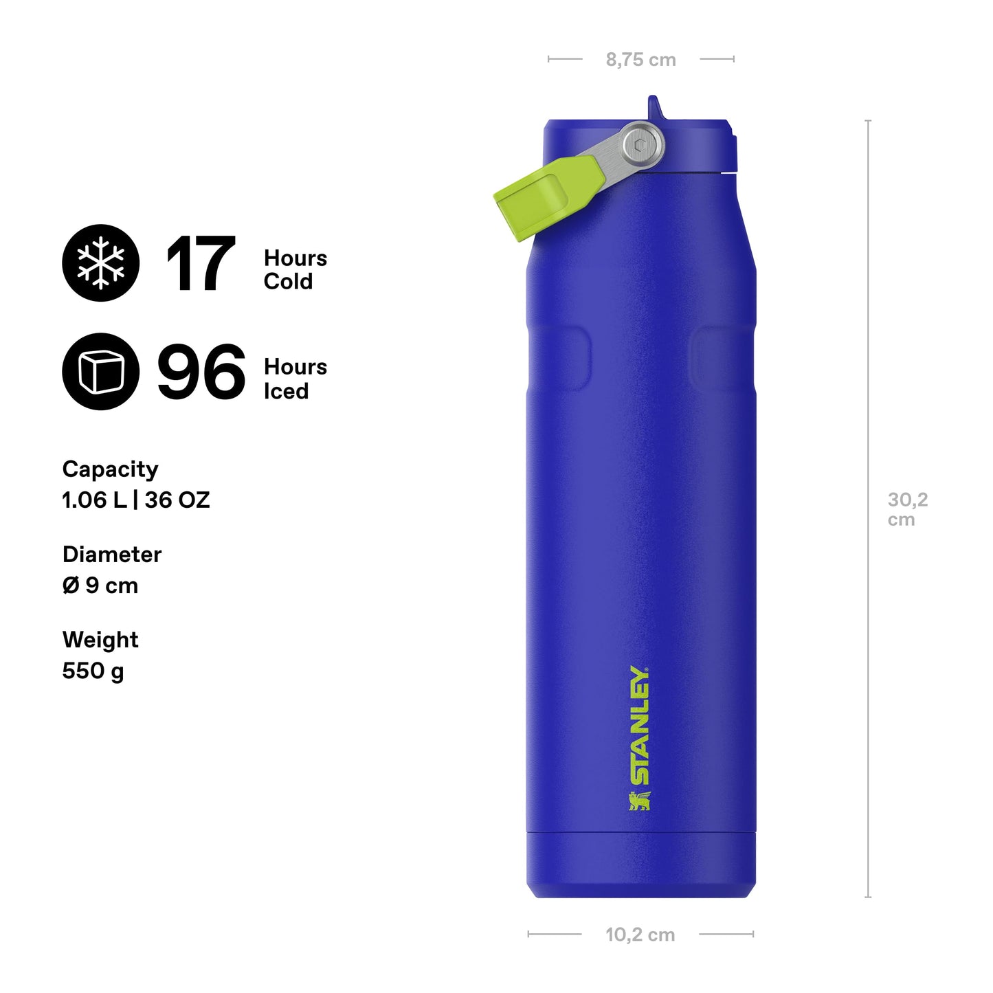 Stanley 1913 Flip Straw Drinking Bottle with Straw 1.06L - Thermal Mug Cools for 17 Hours - Ice Cold for 4 Days - BPA Free - Leakproof - For Cup Holders - Dishwasher Safe - Cobalt Chartreuse - 100000117861