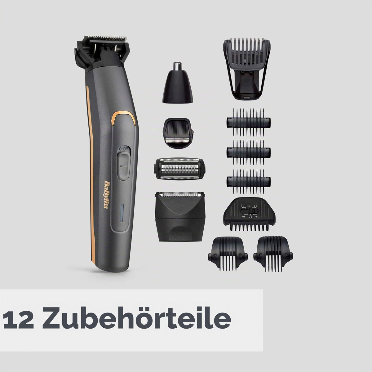 BaByliss MT987E Multi-Trimmer Graphite Precision 12-in-1, cordless, precision head, body head, beard head, nose/ear head, shaving head