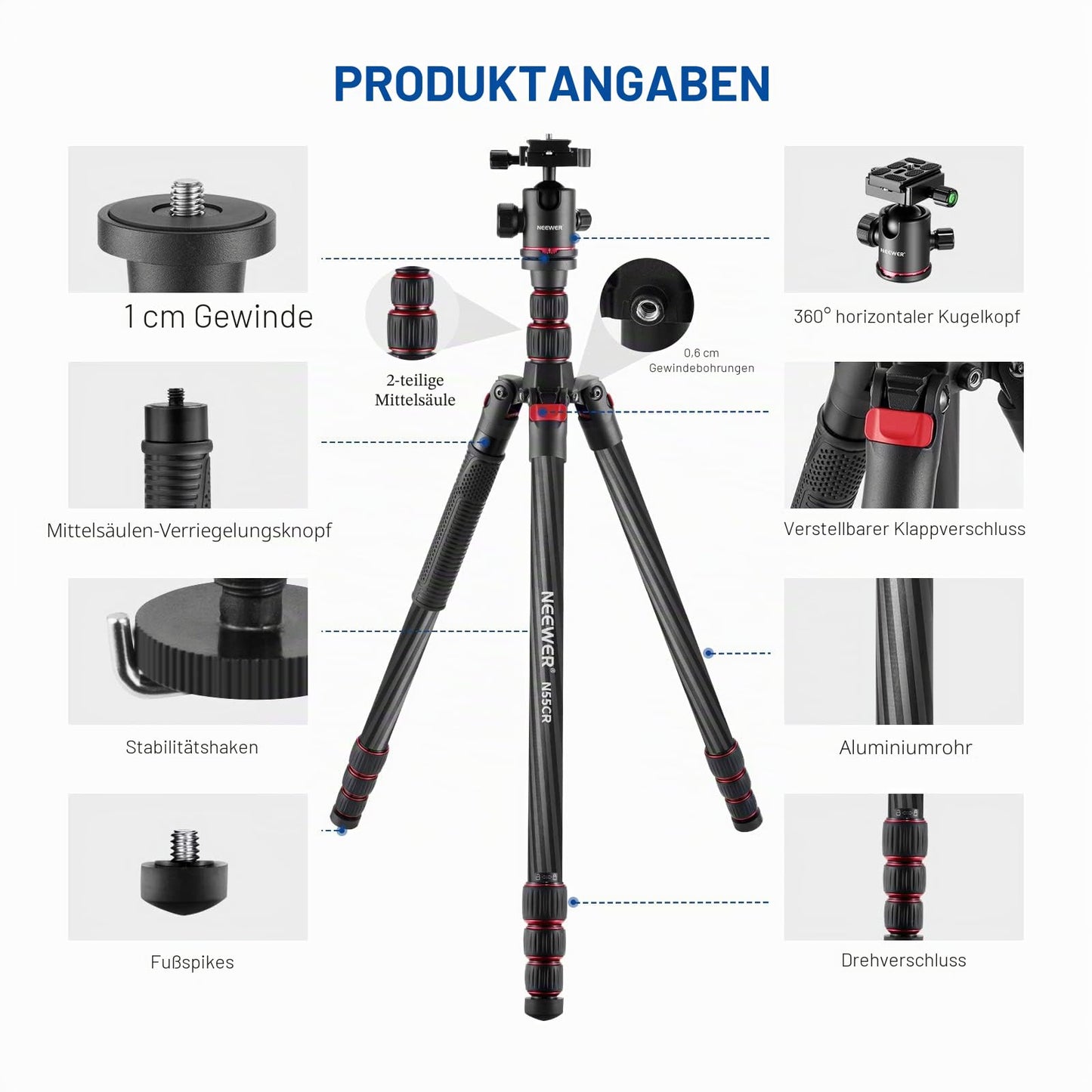 NEEWER 205cm carbon fiber travel tripod, new camera tripod with 2-part central axes, 360° panoramic ball head, 1/4" Arca type QR plate, with ø28mm column, monopod tripod max load 26.5 lb, N55CR