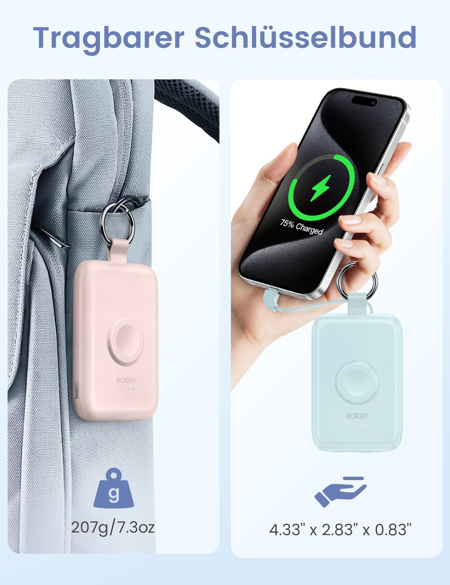 RORRY Power Bank, 10000mAh Power Bank Fast Charging Function PD 20W with Integrated Cable, Travel Portable Charger External Mobile Phone Batteries for iPhone 17/16/15/14 and Apple Watch Ultra 11/10/9/8/7/SE, Pink - D2-10000