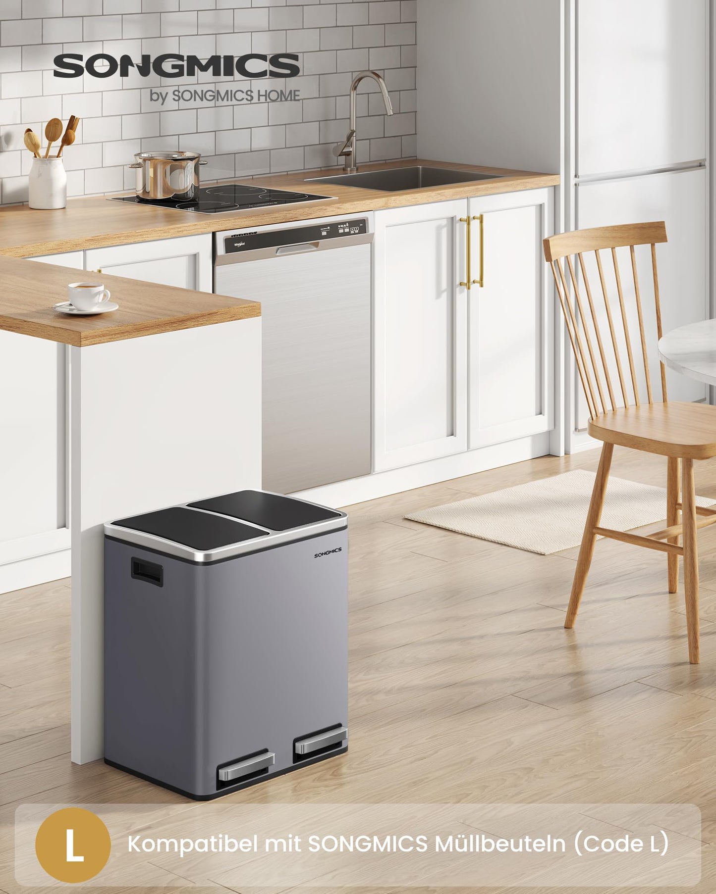 SONGMICS kitchen trash can, 2 x 15 liters, trash separation system 2 compartments, including 15 trash bags, trash can, pedal bin, recyclable waste, organic waste, soft close lid, matt gray LTB030G01