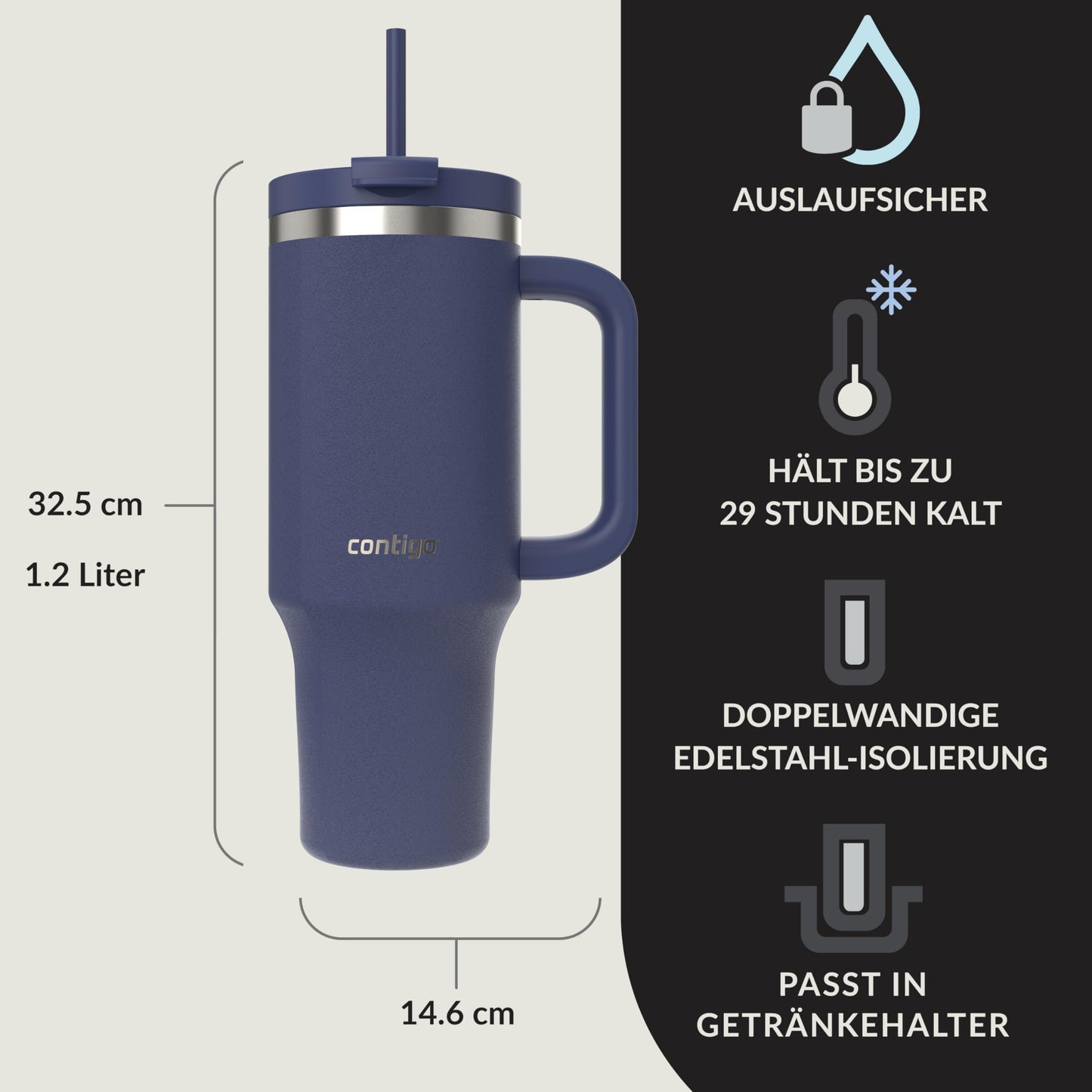 Contigo thermos bottle 1200 ml with handle and straw | Stainless Steel Insulated Thermal Drinking Bottle with Lid | Cools for 29 hours | Travel Mug | Thermo mug | - 2217785