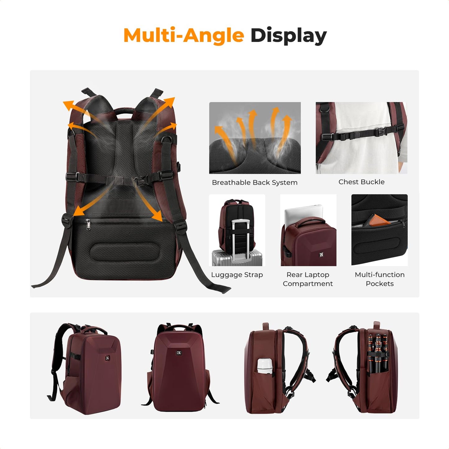 K&F CONCEPT camera backpack photo backpack with hard shell camera bag with 15.6 inch laptop compartment and rain cover, backpack for drones, red - KF13.134V5