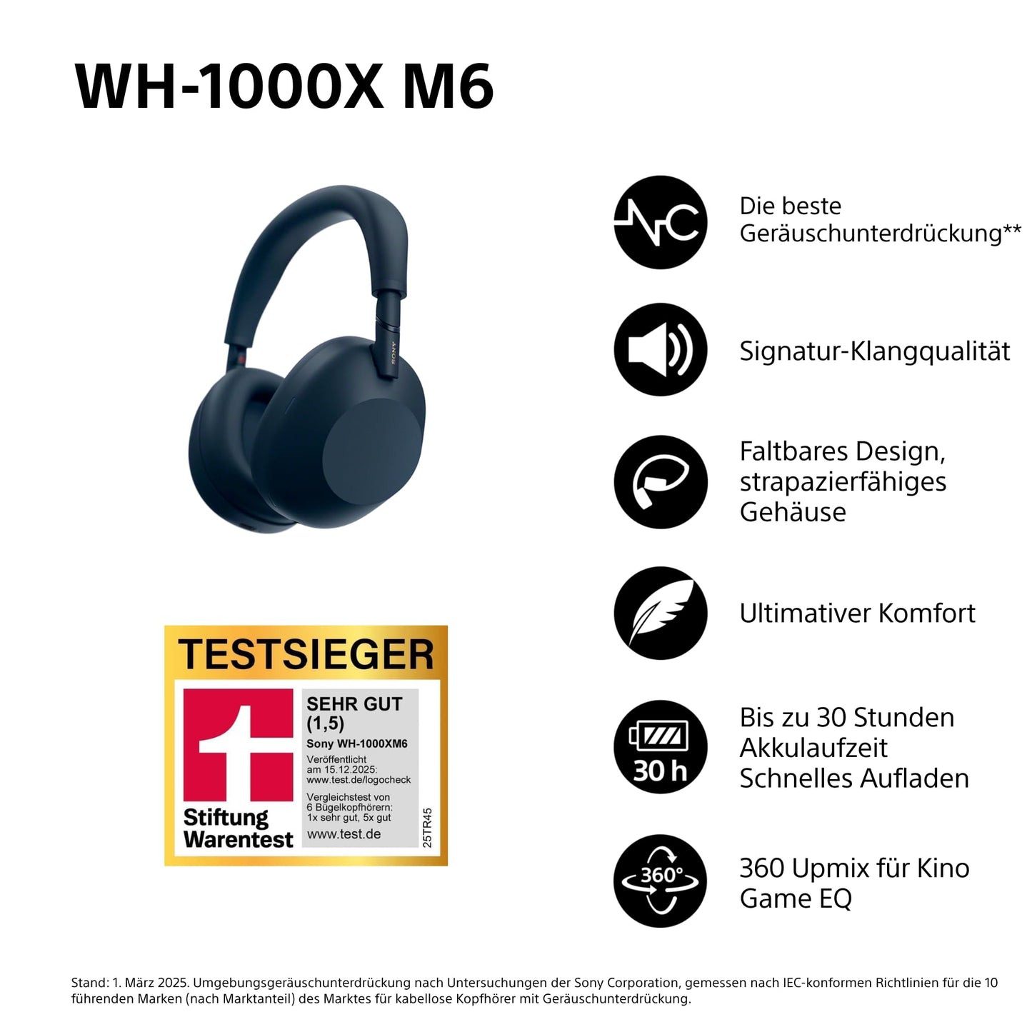 SONY WH-1000XM6 Wireless Noise Canceling Headphones, Signature Hi-Res Sound, Bluetooth Headphones, Comfort, Foldable Design, Magnetic Carrying Case, 30 Hour Battery NC On, iOS & Android - Midnight Blue - WH1000XM6L.CE7