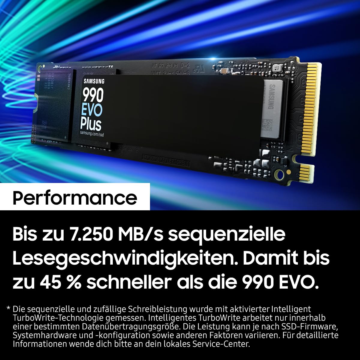 Samsung 990 EVO Plus NVMe M.2 SSD 1 TB, PCIe 4.0 x4 / PCIe 5.0 x2, NVMe 2.0 (2280), 7,150 MB/s read, 6,300 MB/s write, internal SSD for gaming and graphic editing, MZ-V9S1T0BW