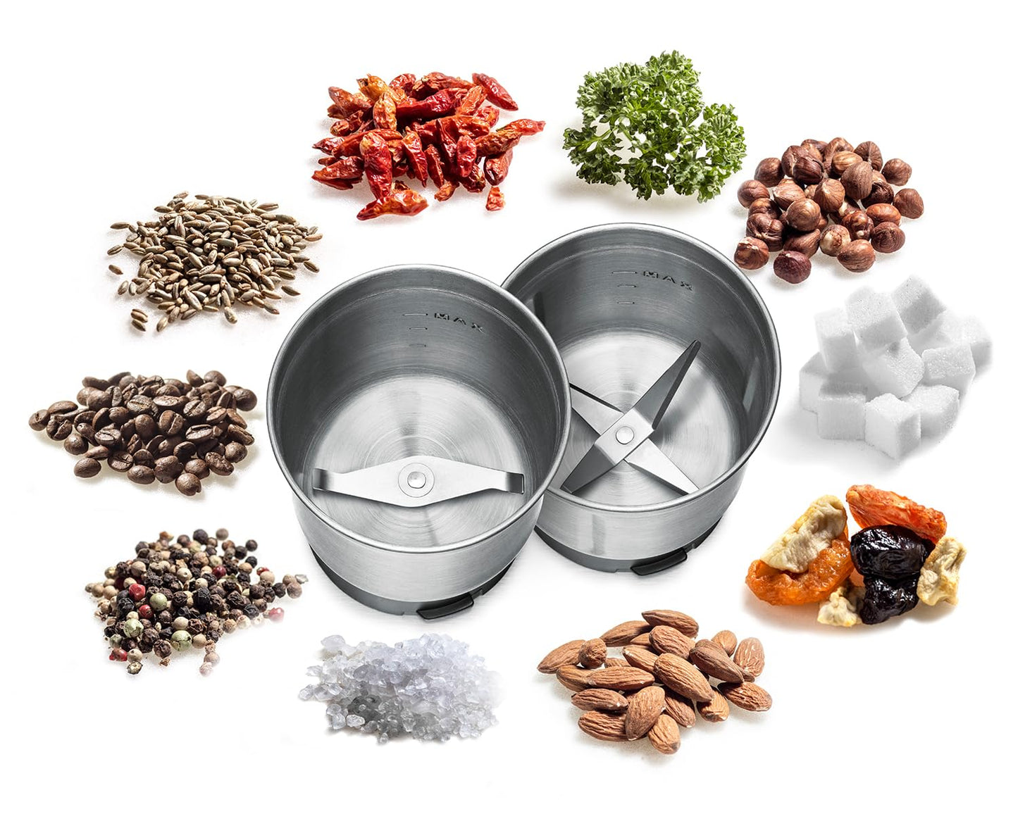 ROMMELSBACHER spice and coffee grinder EGK 250, 2 stainless steel containers with impact knife and special knife, capacity 70 g, grinding level can be selected over the grinding time, also for pesto, spices, nuts, sugar