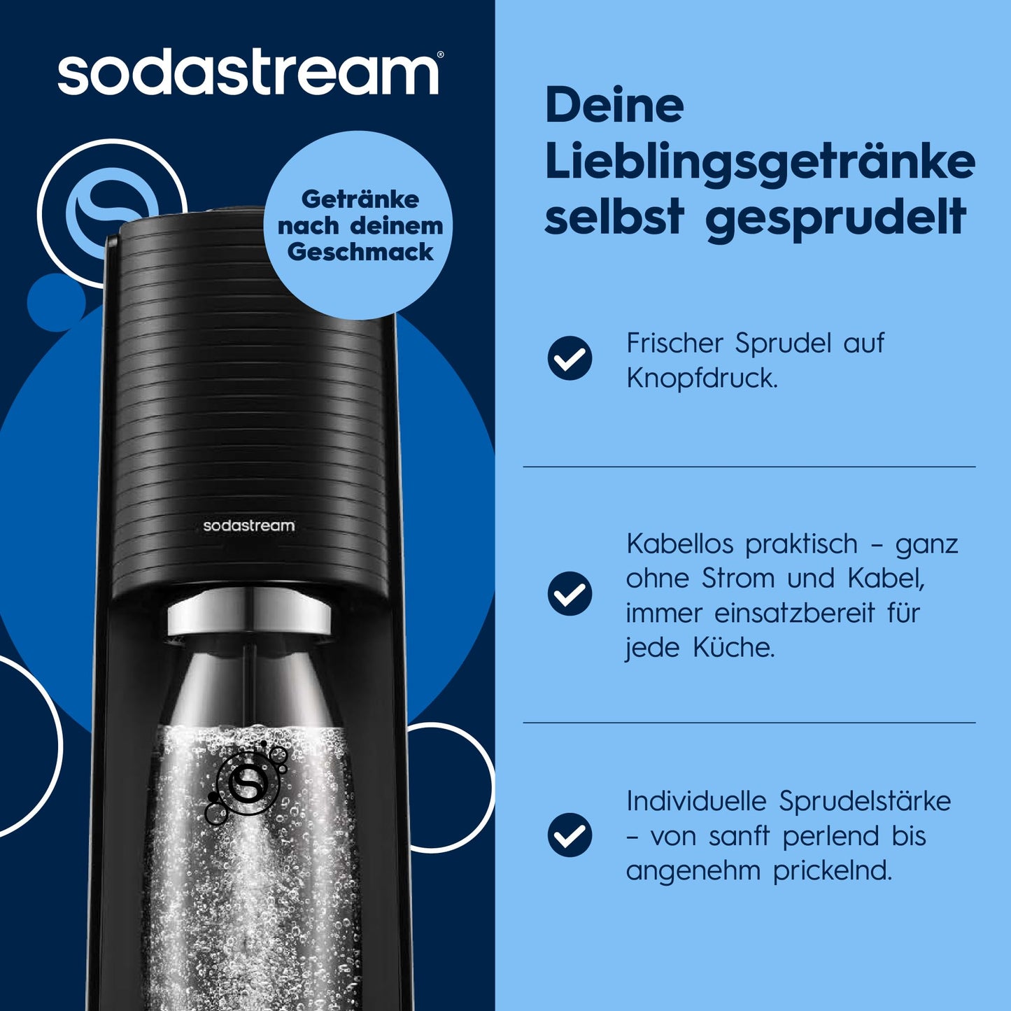Sodastream TERRA water soda maker, Soda Stream machine with 1 Quick Connect 60L CO2 cylinder, 2x 1L and 3x 1L dishwasher-safe plastic soda bottles, height 44 cm, black - 1100448490