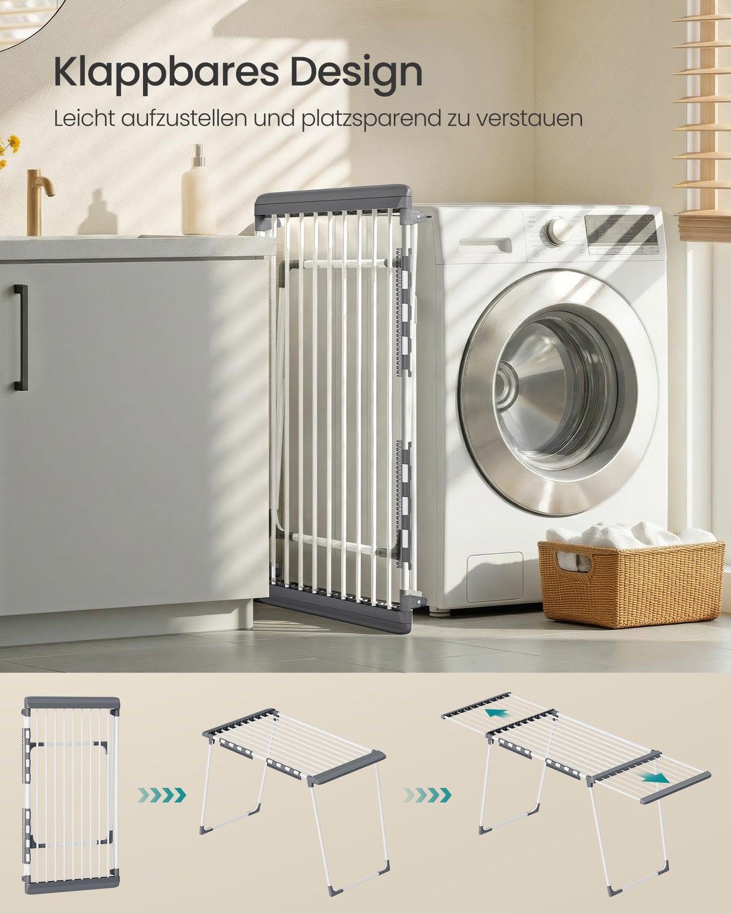SONGMICS clothes airer, floor dryer, extendable wings, wing clothes airer, 22 m drying area, wing clothes dryer with sock holder, foldable, pearl white-dove gray LLR522WK01