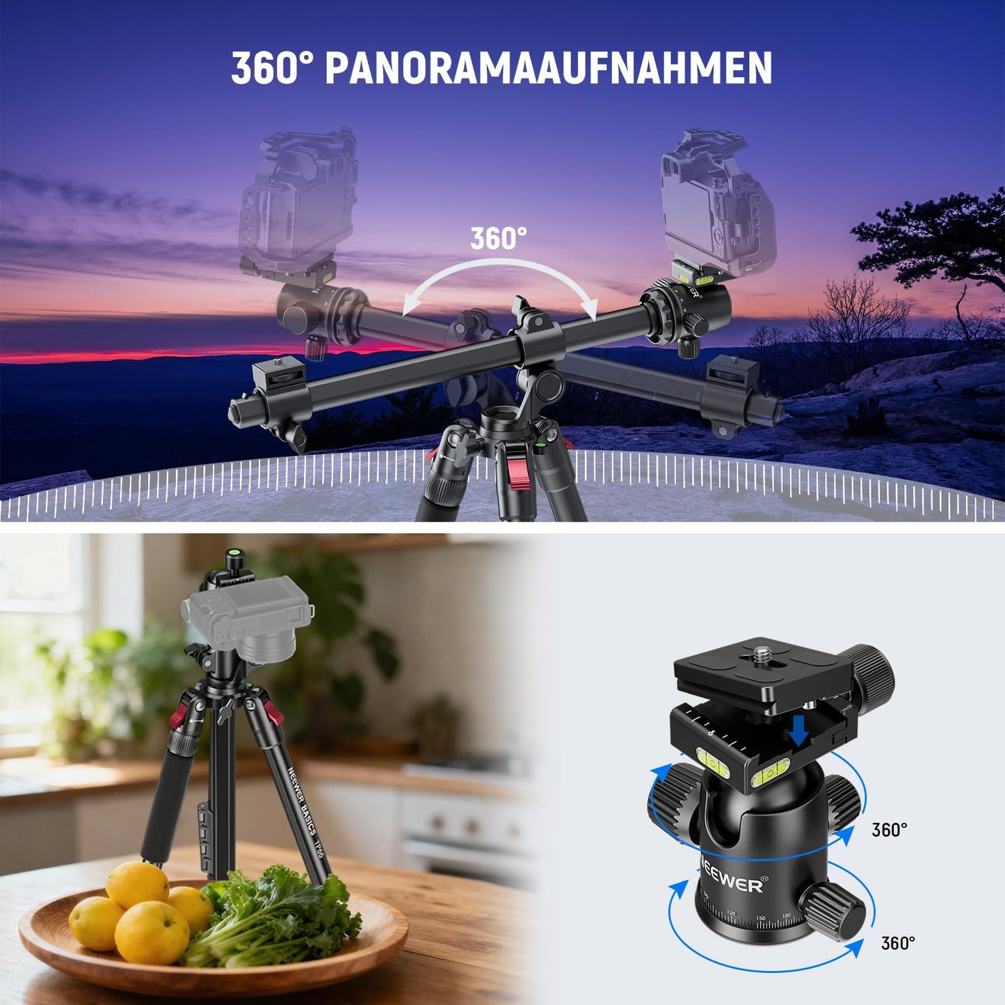 NEEWER Basics 64.5" Horizontal Overhead Tripod Camera Tripod Monopod for Cameras Aluminum Travel Tripod for DSLR Camcorder with Mobile Phone Holder Compatible with iPhone for Video, 10kg Load Capacity, TP66