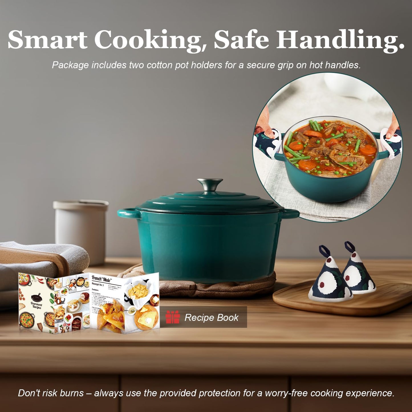 Overmont roasting pan enamel cast iron pot - casserole 24cm oven-safe - with lid and cookbook - for kitchen baking stewing roasting sea blue - Enamelled