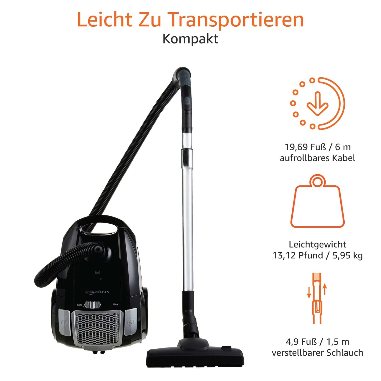 Amazon Basics Vacuum Cleaner with Bag, Powerful, Hard Floors and Carpets, HEPA Filter, with Speed Control, 700W, 3.0L, EU, Black - 12M-71EU4