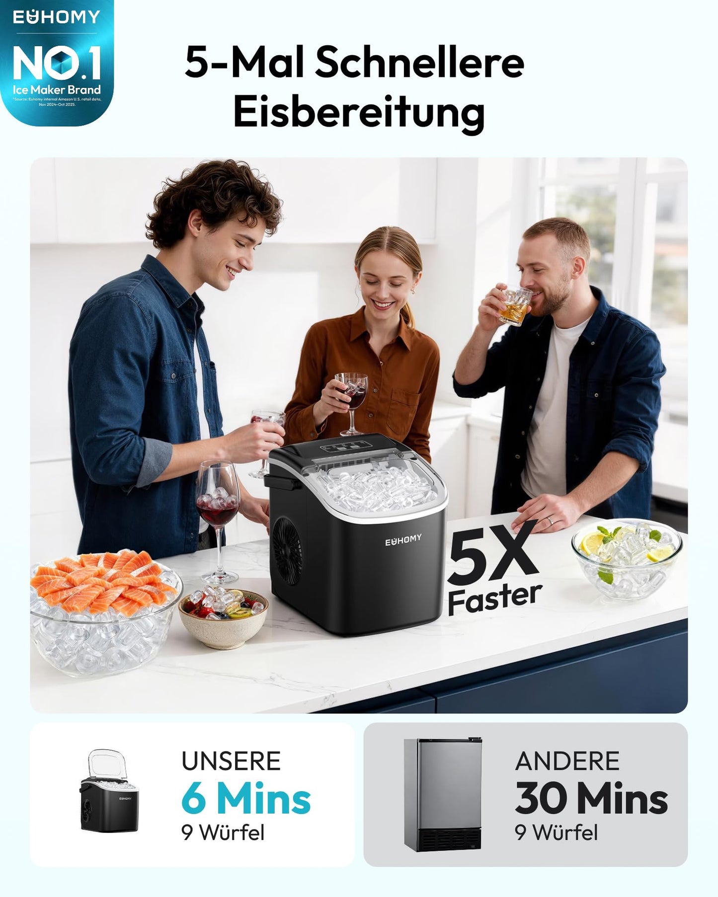 EUHOMY Small Ice Cube Machine, 12KG Ice Cube Maker, 9 Cubes Ready in 6 Minutes, Black Ice Cube Machine with Portable Handle, 12KG/24H, Self-Cleaning Ice Cube Machine - DE-IM06D-02-AZ-HM