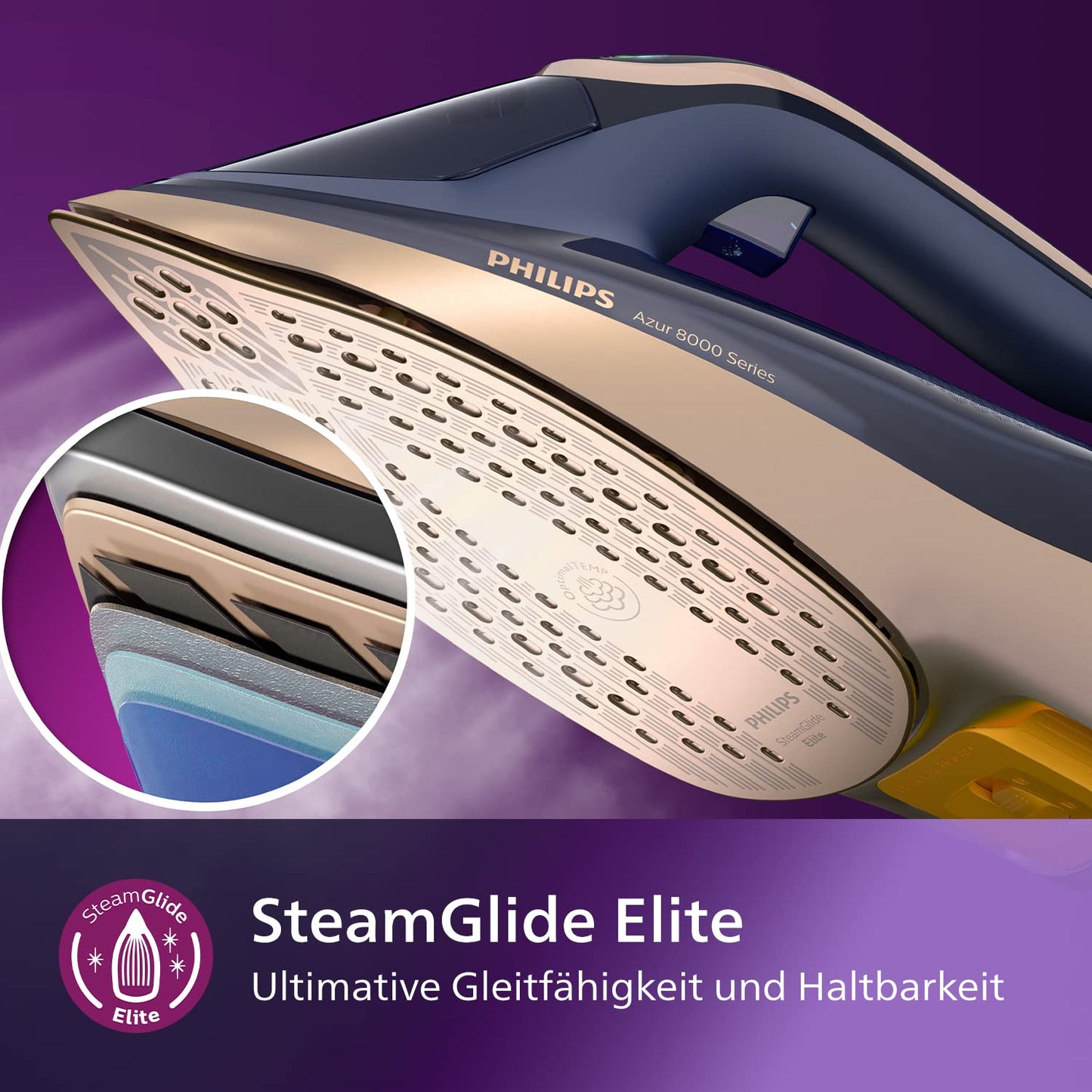 Philips Azur 8000 Series Steam Iron - 85 g/min continuous steam, 260 g turbo steam boost, 3000W, OptimalTEMP technology, SteamGlide Elite soleplate, dark blue (DST8050/20)