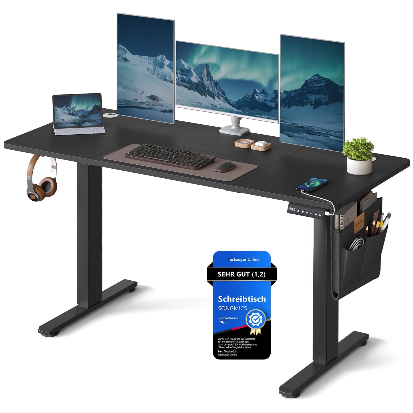 SONGMICS Electric height-adjustable desk, 140 x 60 cm, infinitely adjustable, memory function with 4 heights, ink black LSD134B01