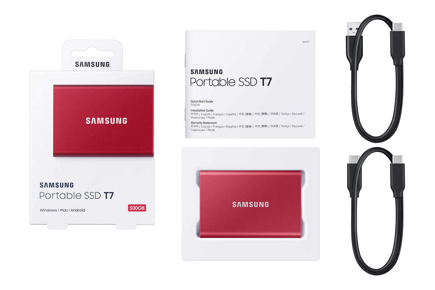 Samsung Portable SSD T7, 500 GB, USB 3.2 Gen.2, 1,050 MB/s Read, 1,000 MB/s Write, External SSD Hard Drive for Mac, PC, Smartphone and Game Console, Red, MU-PC500R/WW