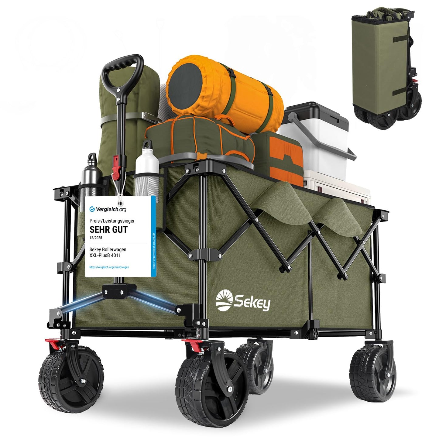 Sekey XXL Plus handcart foldable with brakes 200L 200KG load capacity, extra wide tires all terrain handcart, patented foldable from four directions, - FW27