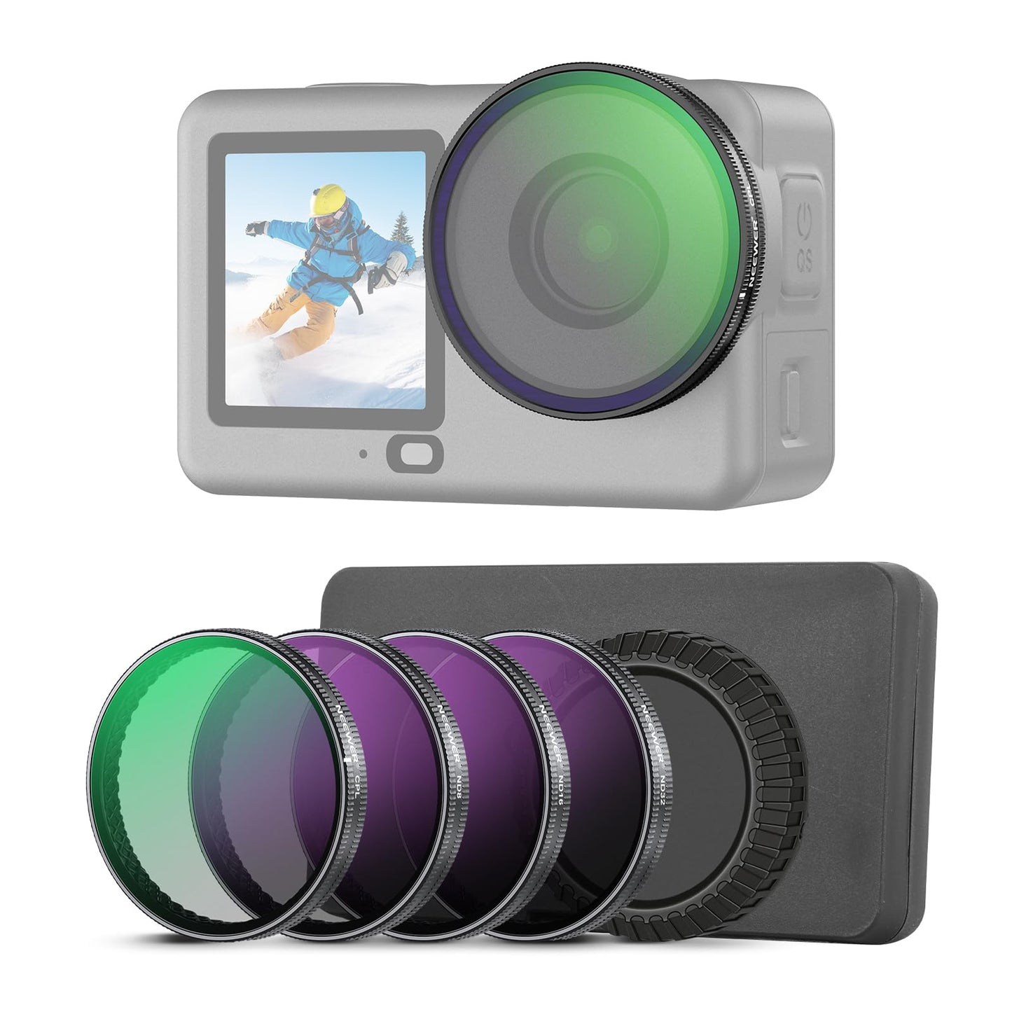 NEEWER CPL ND filter set compatible with DJI Osmo Action 6 only, pack of 4, snap on, ND8/16/32 adjustable circular polarizing filter gray filter, multi-coated, action cam photo accessories with lens cap - FL-B50