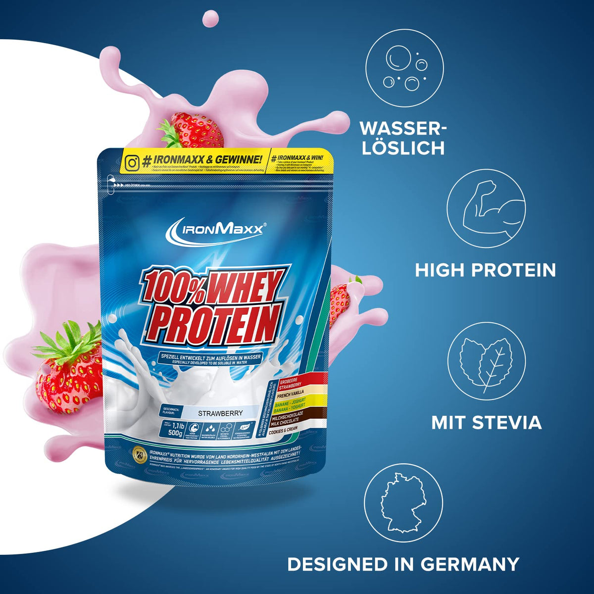 IronMaxx 100% Whey Protein Powder 500g - Strawberry | Creamy protein shake with BCAAs & EAAs | High protein, low carb & low sugar | Ideal for muscle building & fitness - 41205