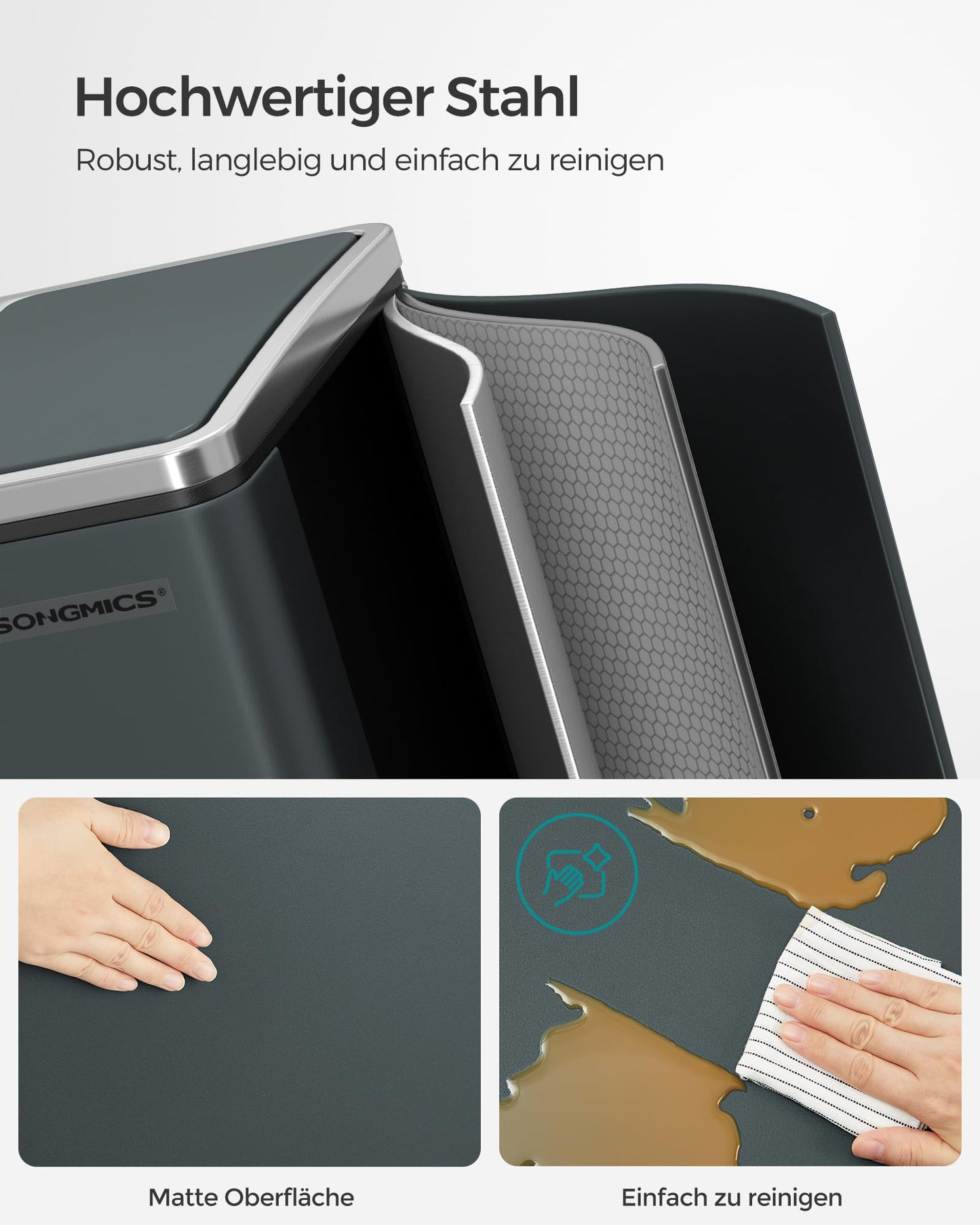 SONGMICS kitchen rubbish bin, 2 x 15 liters, waste separation system 2 compartments, including 15 rubbish bags, rubbish bin, pedal bin, recyclable waste, organic waste, soft close lid, green-grey LTB30GS
