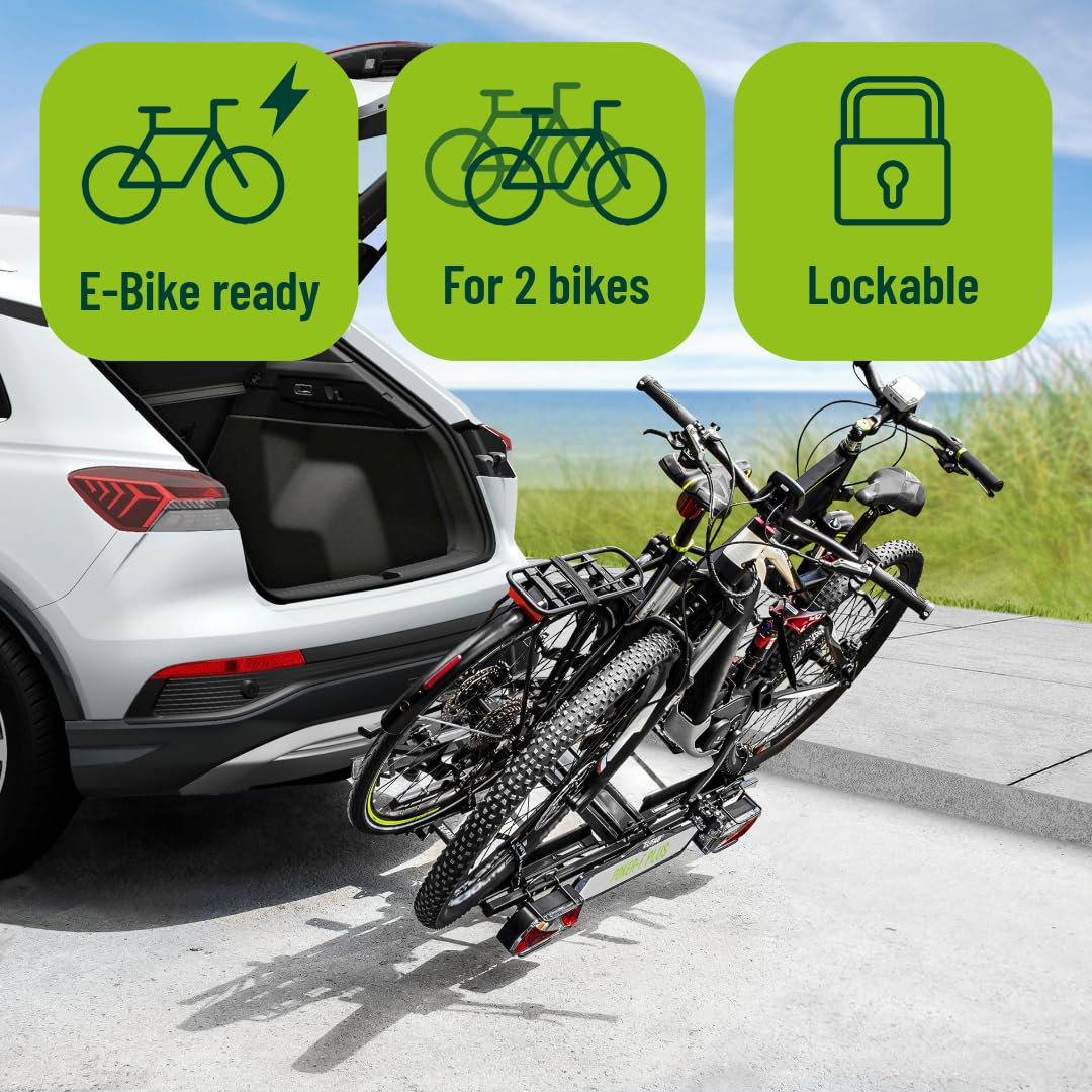 EUFAB 12012LASON bicycle carrier Poker-F Plus, EXCLUSIVE ON Amazon with lockable frame holders, suitable for e-bikes, completely pre-assembled, for 2 bicycles, for trailer hitch, black