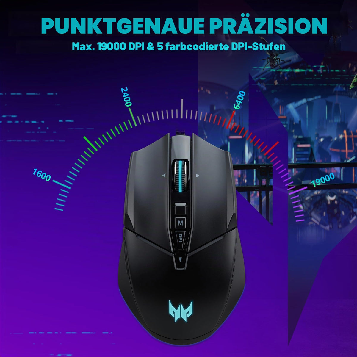 Acer Predator Cestus 335 Maus de gaming (19.000 DPI, 400 IPS Tracking, 10 taste programabile, timp de reacție de 0,5 ms, iluminare RGB), negru - GP.MCE11.02G