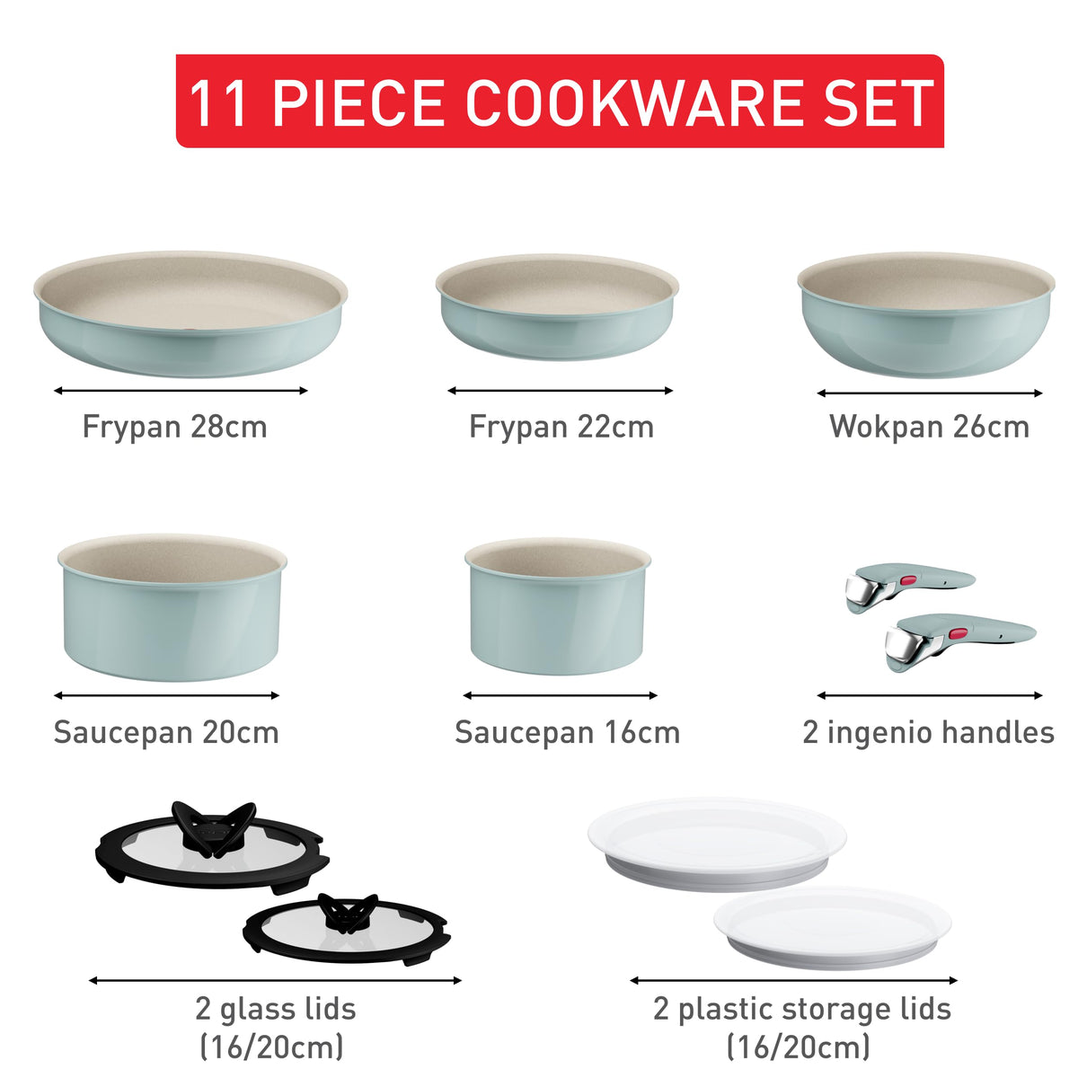 Tefal Ingenio Serenity Cookware Set 11-piece – stackable and space-saving set made of aluminum, Mineralia non-stick coating, detachable handle, suitable for all types of cooktops including induction, Eucalyptus - L828SB04
