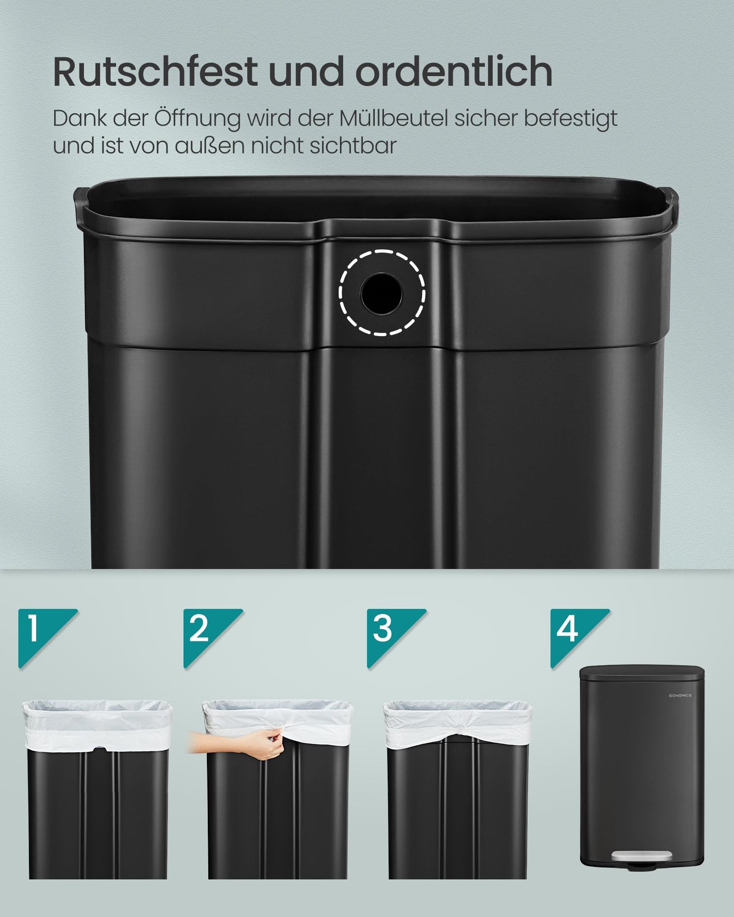 SONGMICS kitchen rubbish bin, 50 liters, waste bin, pedal bin, with lid, soft close, foot pedal, steel, inner bin, black LTB050B02