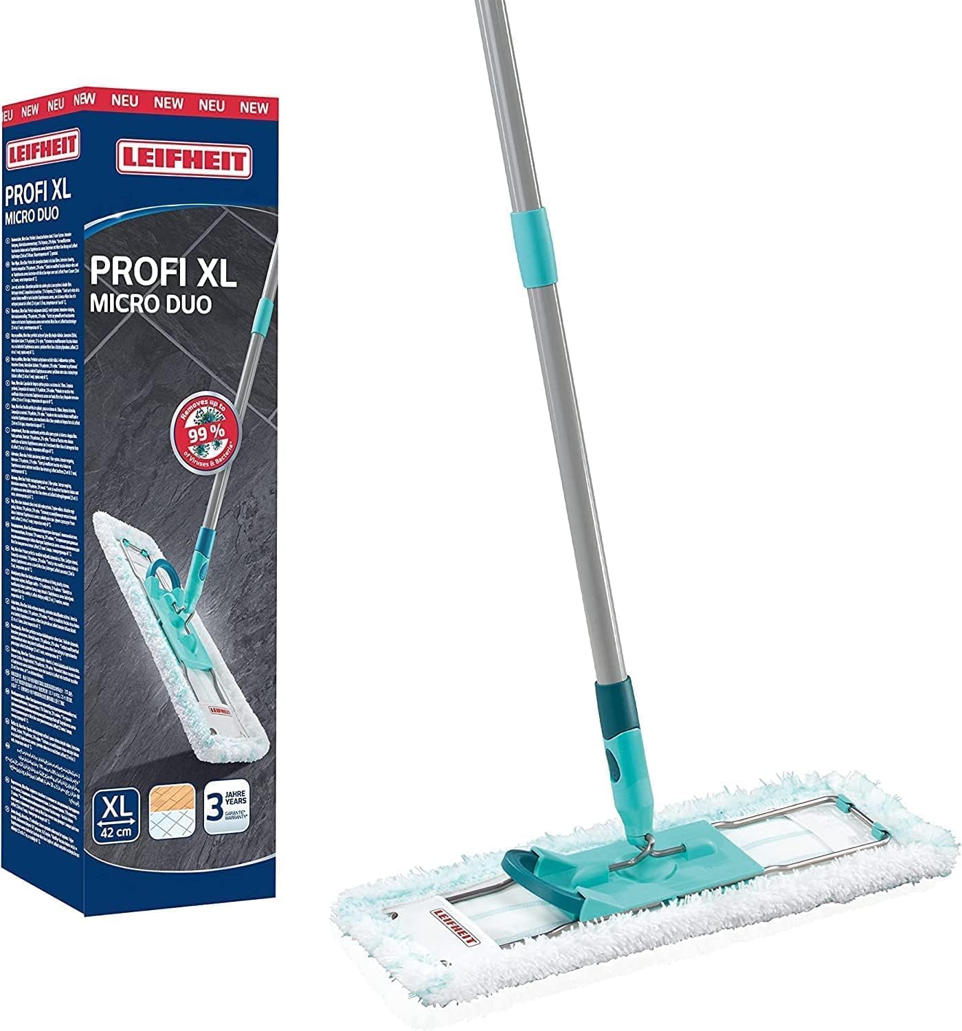 Leifheit back-friendly floor mop Profi XL Micro Duo, steel handle 146cm, mop with foot click, microfiber cover for tiles and laminate, 360 degree swivel joint, click system - 55019
