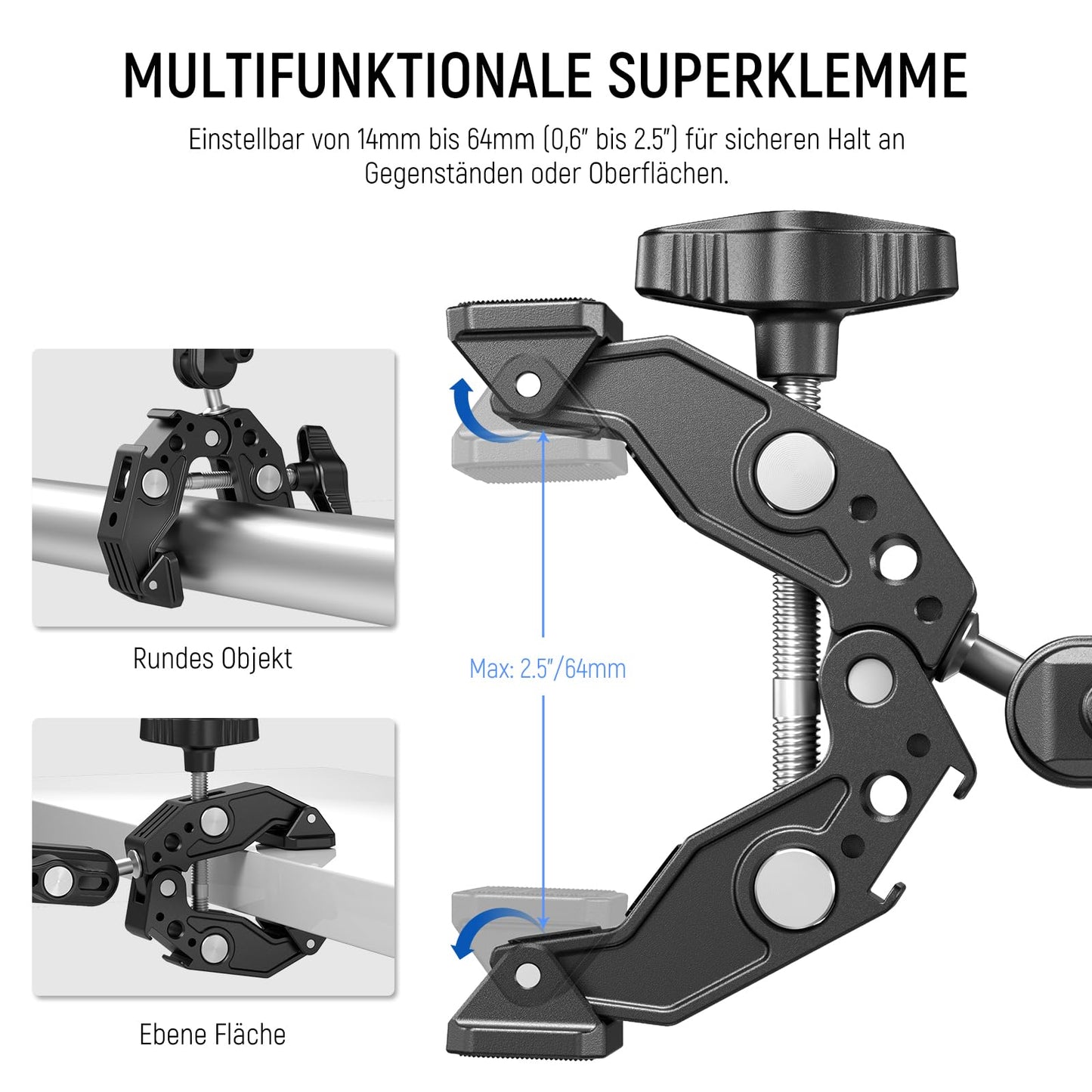 NEEWER Super Clamp Clamp with 3" Dual Ball Head Magic Arm, Cold Shoe, 1/4" Thread, Mobile Phone/Action Cam Mount Adapter for Table Tripod Tube Traverse Gimbal Rods Compatible with SmallRig GoPro DJI, ST83 - 10104474