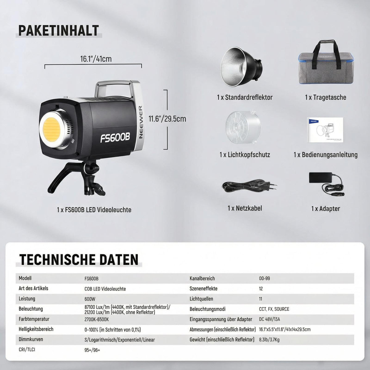 NEEWER 600W LED Studio Video Light 2.4G/APP Control 87100Lux/1m, 2700K–6500K Dual Color COB Continuous Light with CRI95+, 12 Scenes, Bowens Mount, Spotlight for Photography, Streaming, FS600B - 10107308