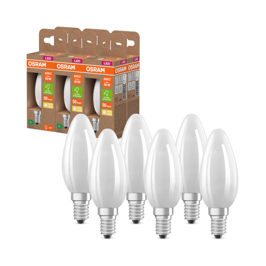 Osram Energy Class LED lamp in classic mini candle shape, 3.8 W / 806 lm, energy efficiency class A, warm white light (2700 K), CRI 80, made of frosted lead-free glass, E14 base, IP20, 35 mm diameter, 6-pack - 4099854255724
