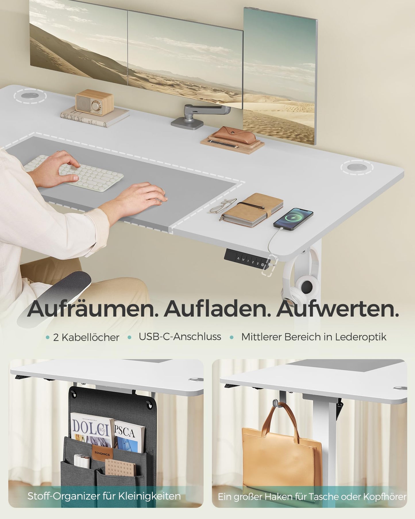 SONGMICS Electric height-adjustable desk, 160 x 70 cm, continuously adjustable, memory function with 4 heights, cloud white-dove gray LSD026W02