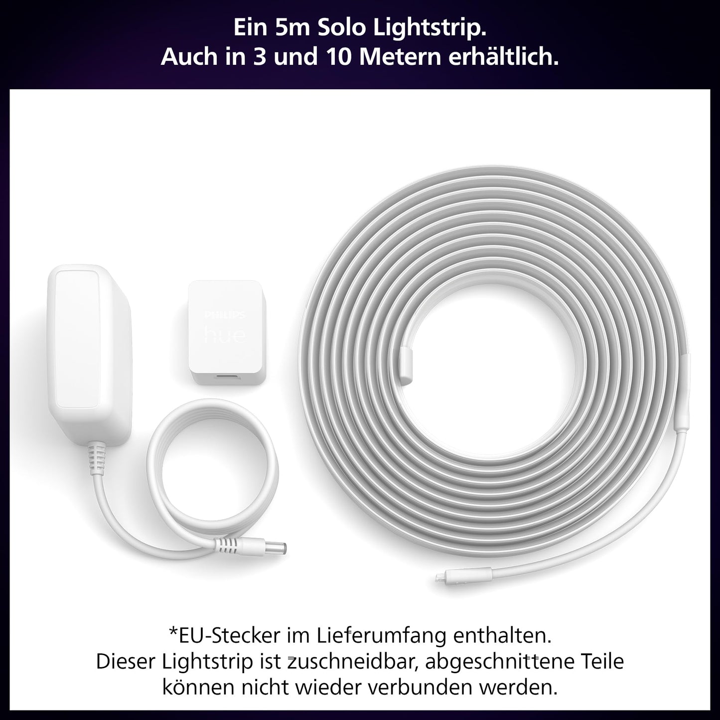 Philips Hue Indoor 5m Smart LED Solo Lightstrip basic set, pack of 1, indirect lighting can be controlled with the Hue app, LED strip works with Alexa, Google Assistant and Apple HomeKit - 8720169326699