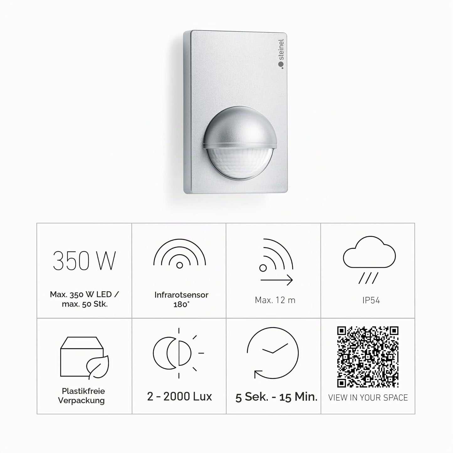 Steinel motion detector IS 180-2 silver, 180° infrared motion sensor, twilight sensor for indoor and outdoor use, (W x H) 76 mm x 120 mm - 603618