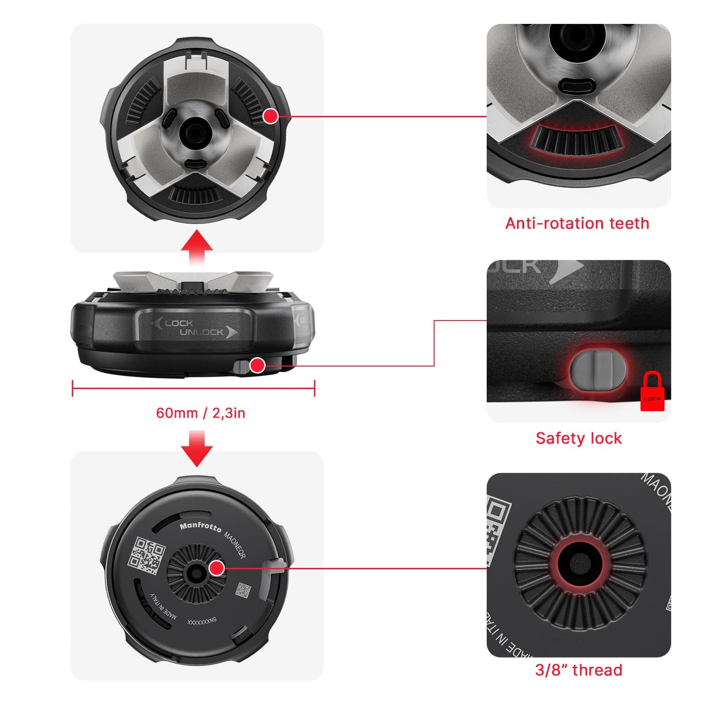 Manfrotto XCHANGE Base, quick-change base, universal 3/8" thread, up to 20 kg, compatible with XCHANGE plate and XCHANGE heads, for photo & video - MAONEQR-BASE