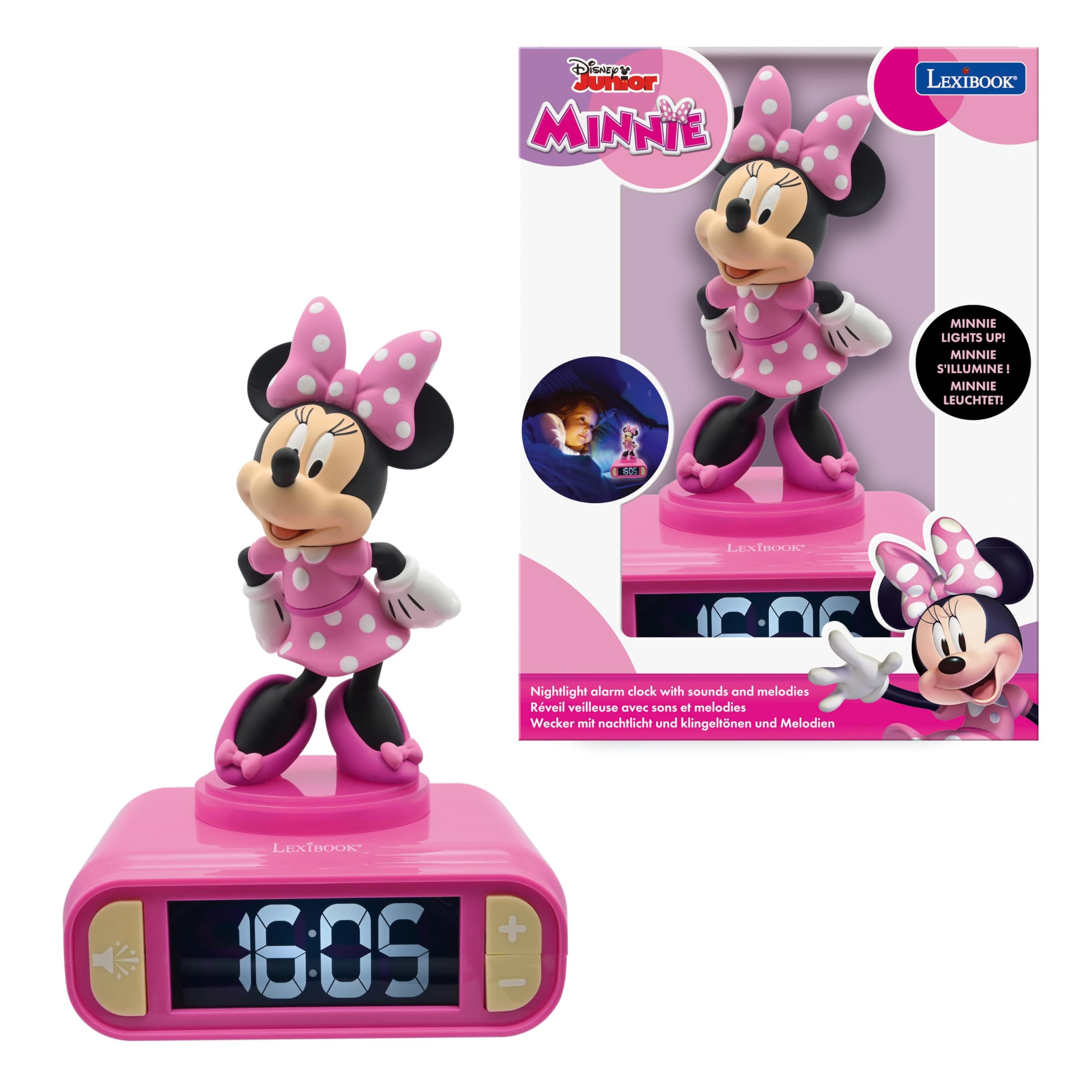 Lexibook, Disney Minnie, Minnie Night Light Alarm Clock, Sounds and Melodies, LCD Screen with Backlight, Luminous, Snooze, Pink, RL800MNLXB
