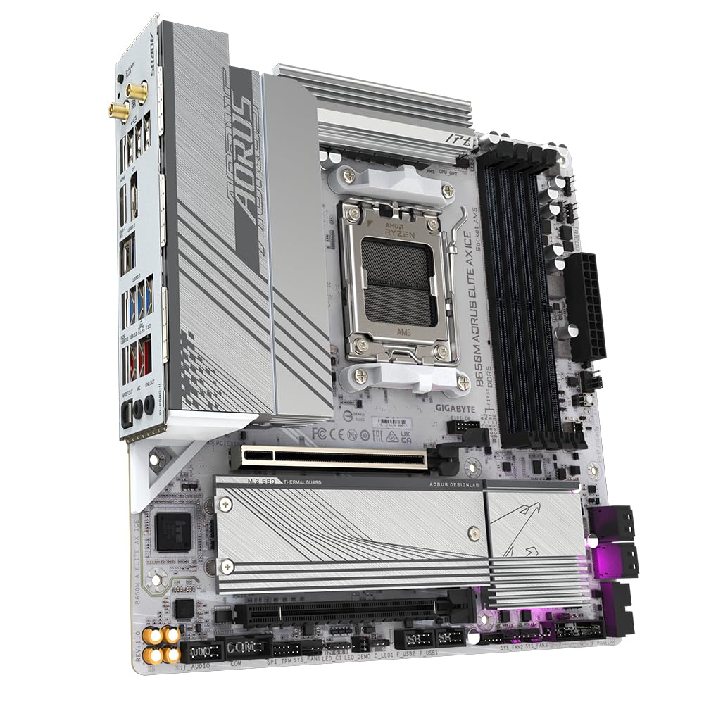 GIGABYTE B650M AORUS Elite AX Ice Mainboard - AMD Ryzen 9000 Series, 12+2+2 Phase VRM, up to 8000 MHz DDR5 (OC), 1x PCIe 5.0 + 1x PCIe 4.0 M.2, 2.5 GbE LAN, WiFi 6E, USB 3.2 Gen 2x2