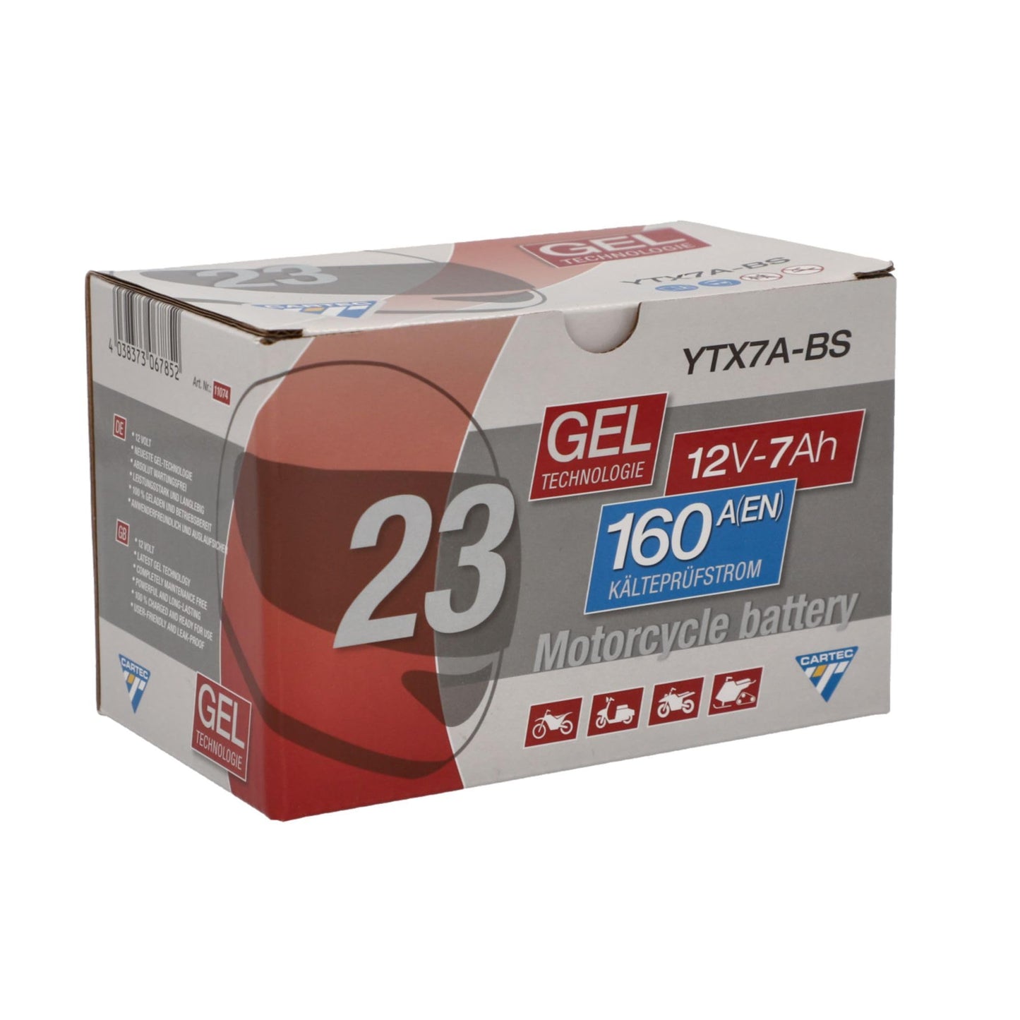 CARTEC motorcycle battery YTX7A-BS, 7Ah, 160A, gel technology motorcycle starter battery, original equipment manufacturer quality, cycle-proof, storable, maintenance-free, black - 11074